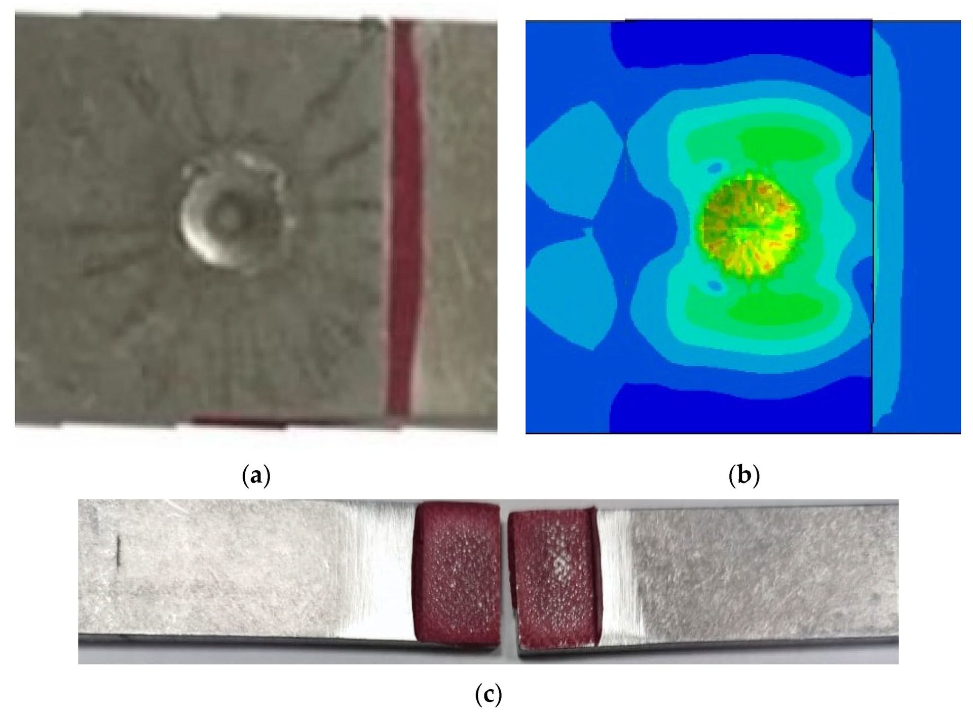 Indentation, stress plot, and fractured surfaces of a material test.