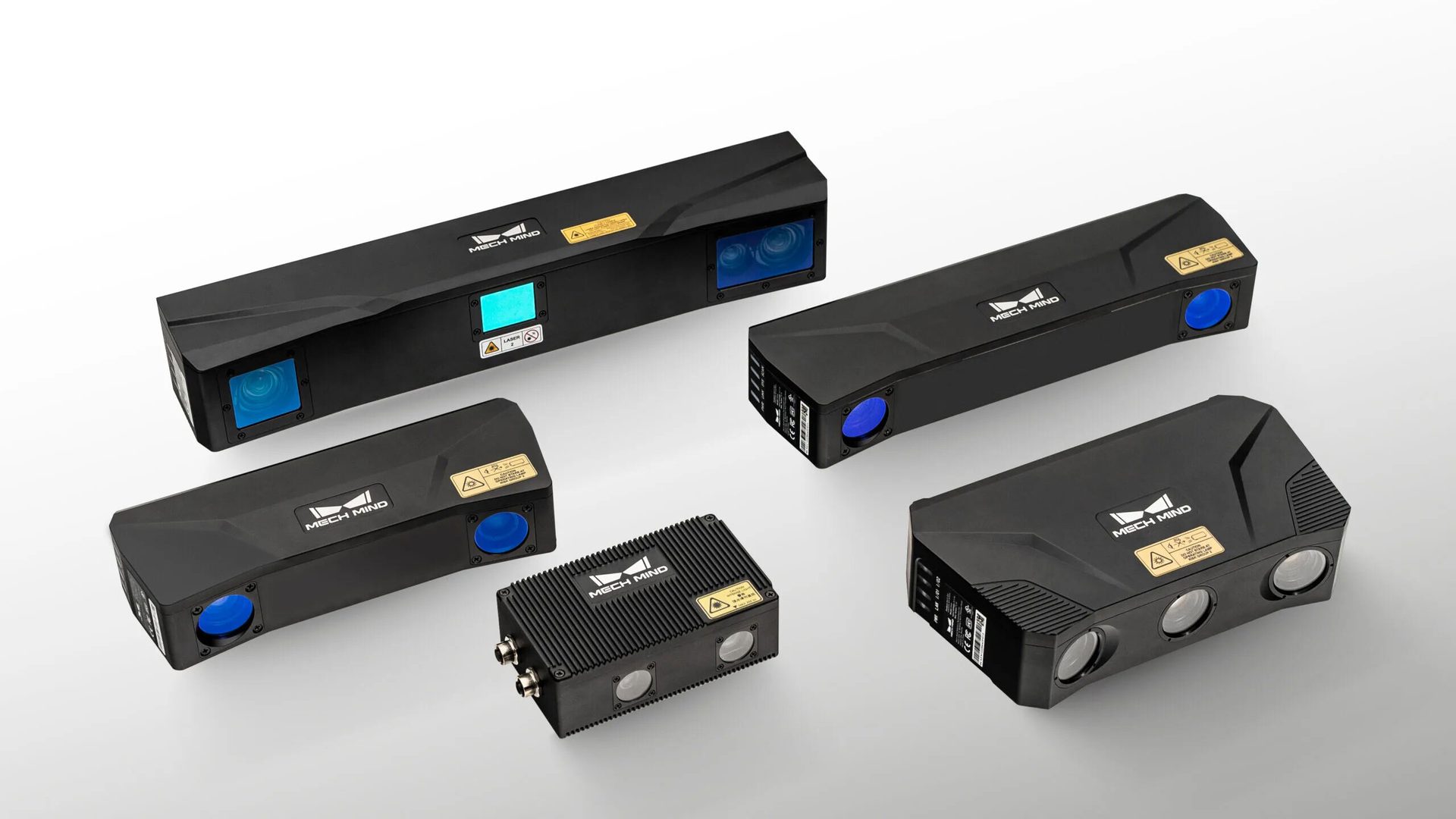 Several black Mech-Mind industrial 3D sensors with blue lenses on a white background.