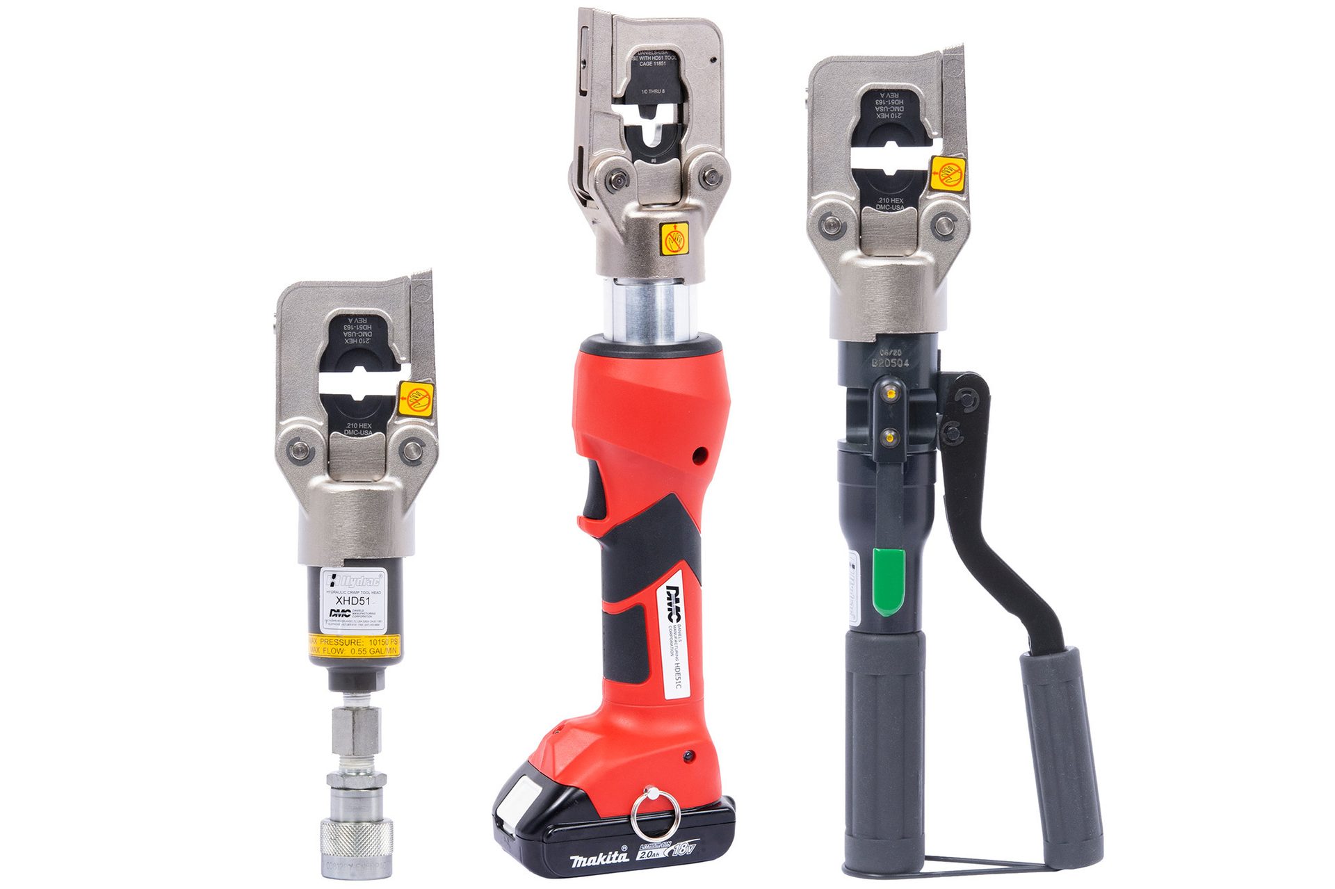 Three hydraulic crimping tools, including a hydraulic head, a battery-powered crimper, and a manual crimper.