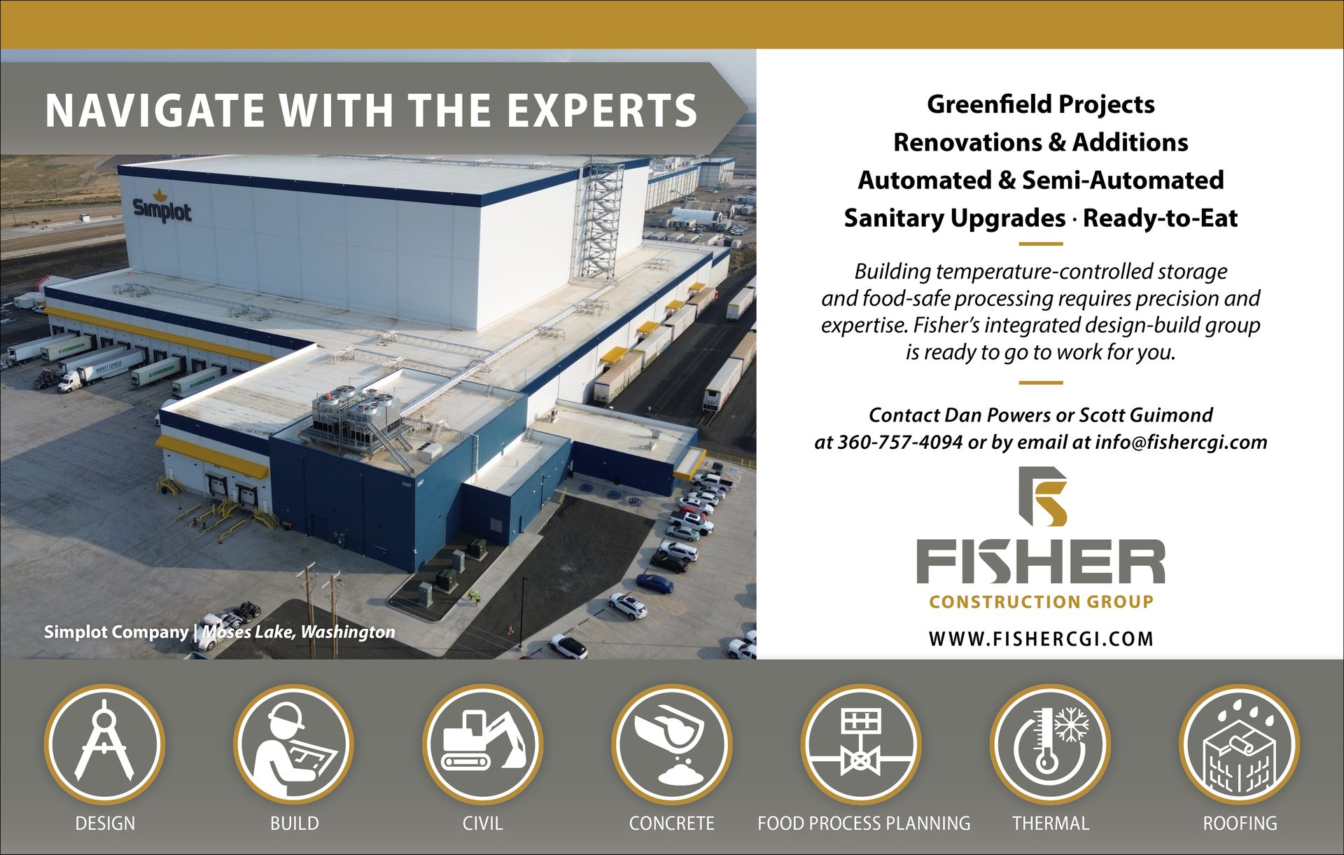 Aerial view of a Simplot food processing plant, highlighting Fisher Construction Group's design-build services.