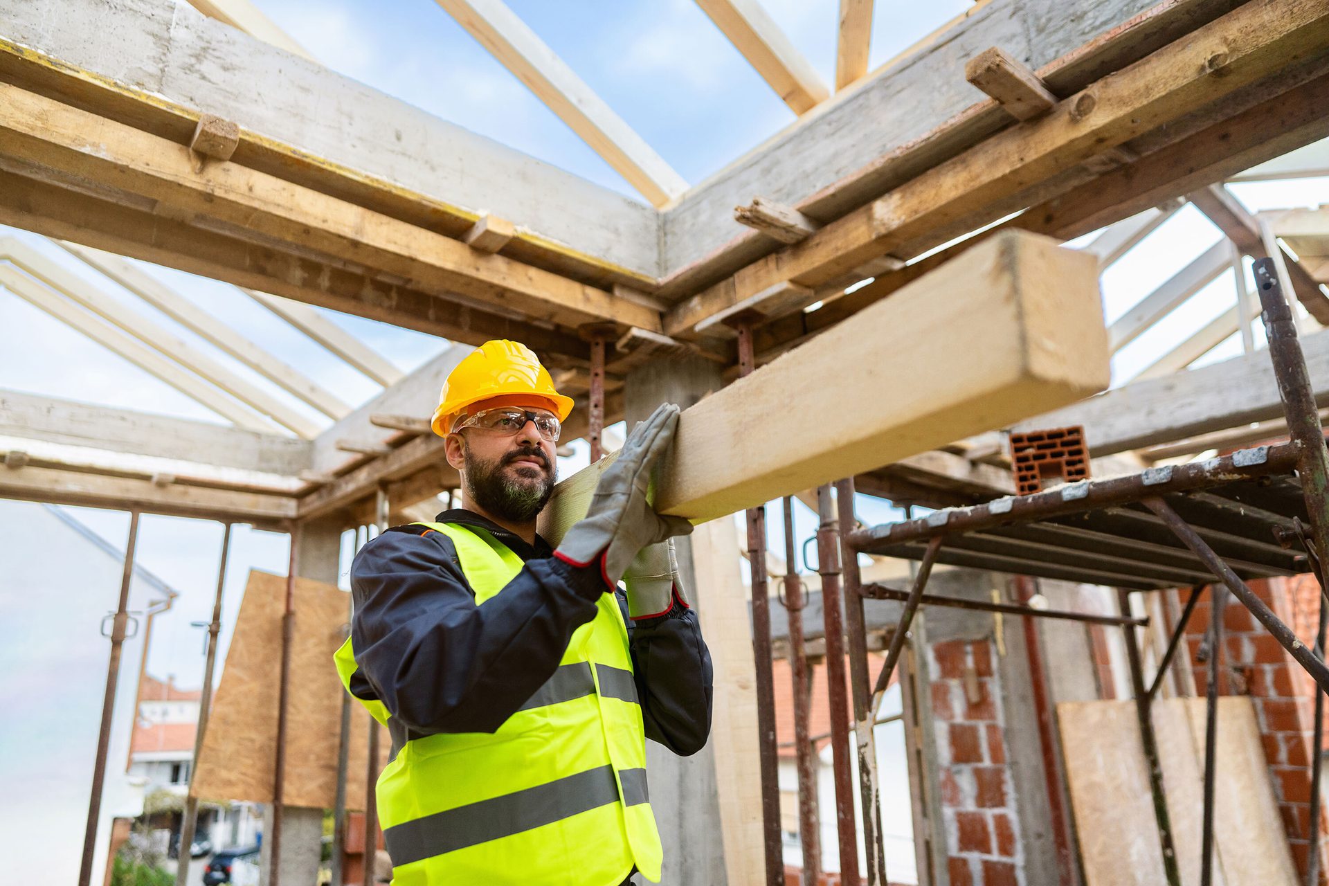 Hard hat, Construction worker, Tradesman, Wood, Workwear, Sky, Carpenter, Beam