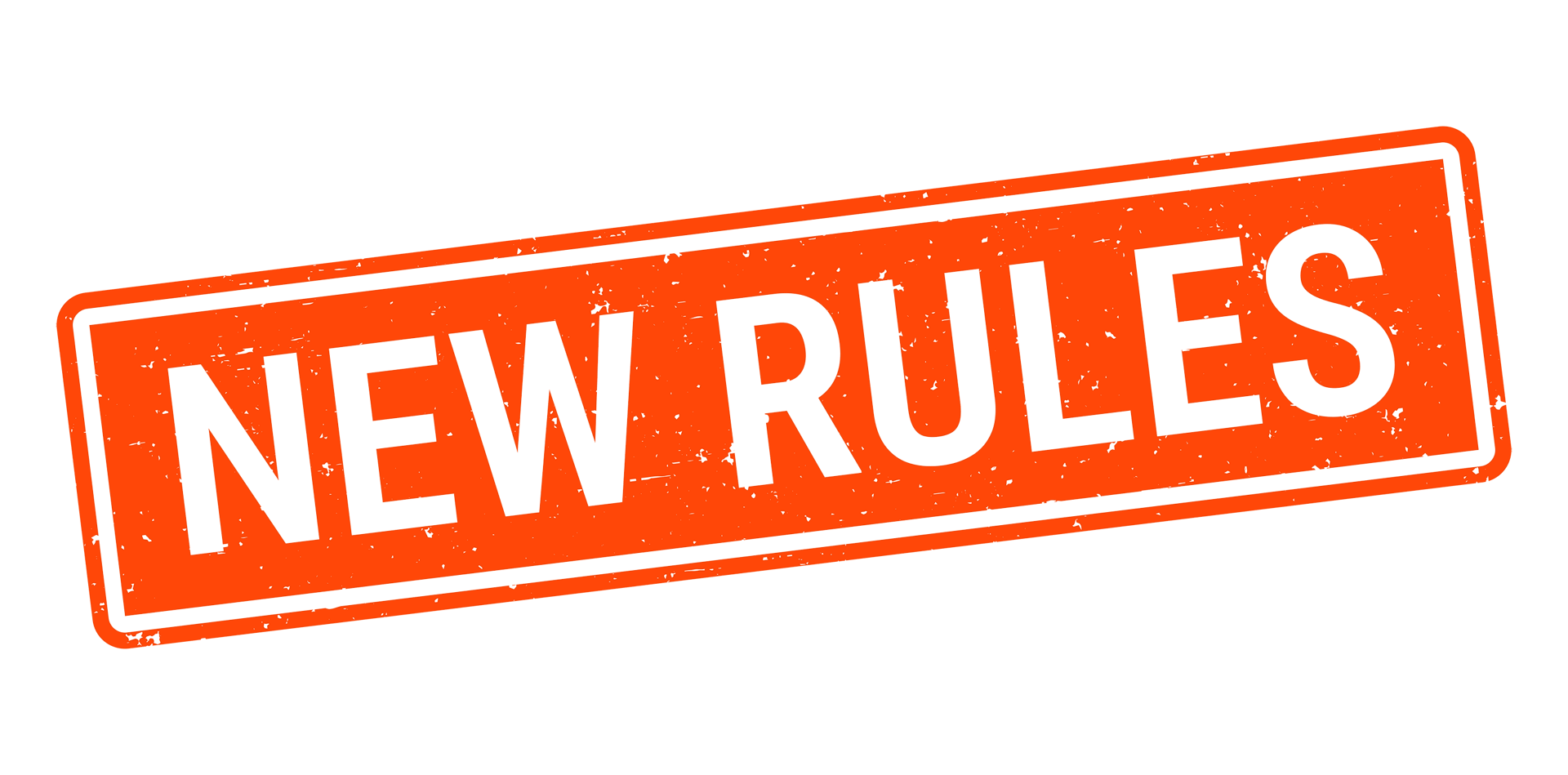 Distressed red stamp with "NEW RULES" text in green on a green background.
