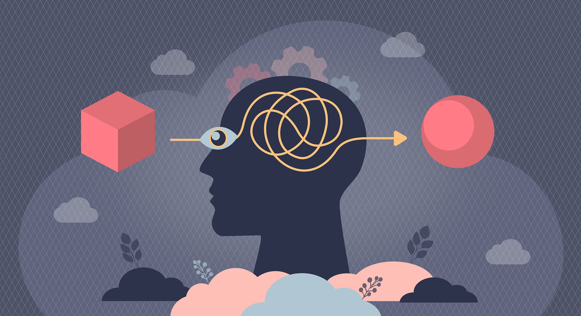 An illustration of a complex thought process, showing a problem (cube) leading to a solution (sphere) through a tangled path within a mind.
