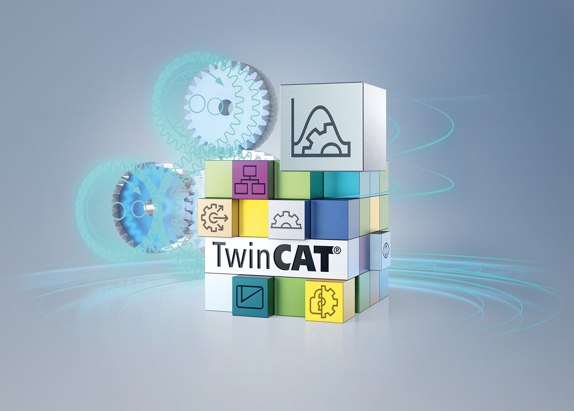 3D image of "TwinCAT" software blocks and interconnected gears, representing industrial automation.
