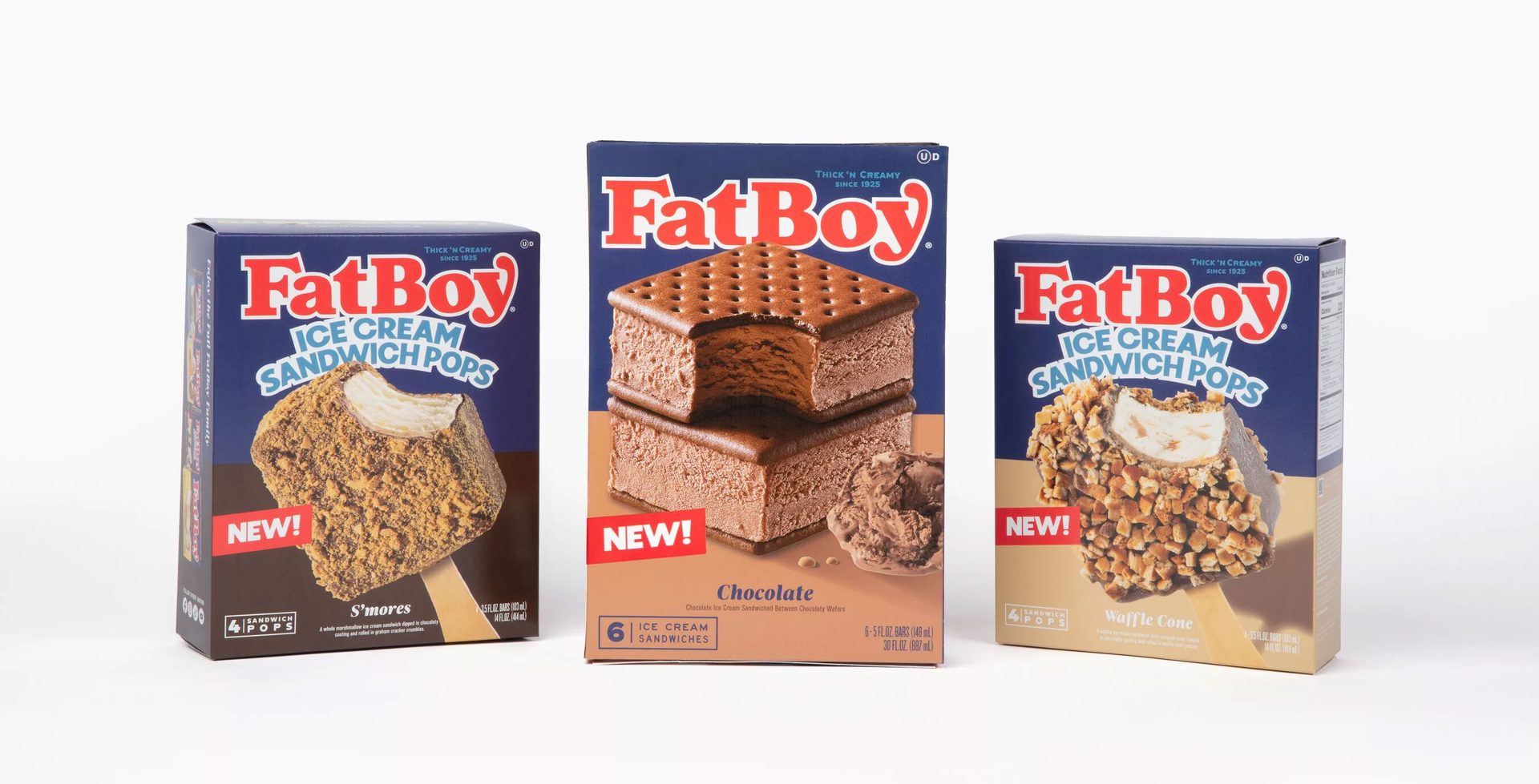 Three boxes of FatBoy ice cream products: S'mores sandwich pops, chocolate sandwiches, and waffle cone pops.