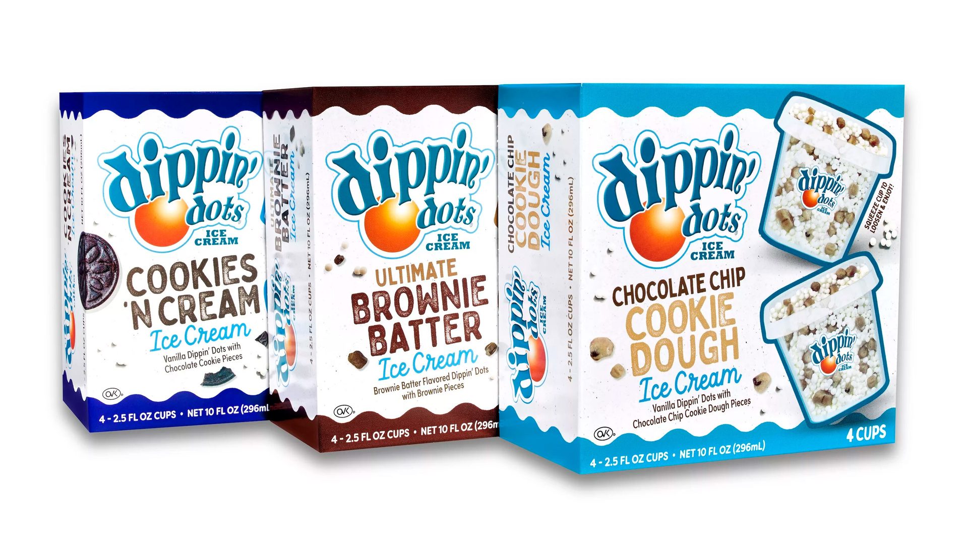 Three boxes of Dippin' Dots ice cream: Cookies 'N Cream, Ultimate Brownie Batter, and Chocolate Chip Cookie Dough.