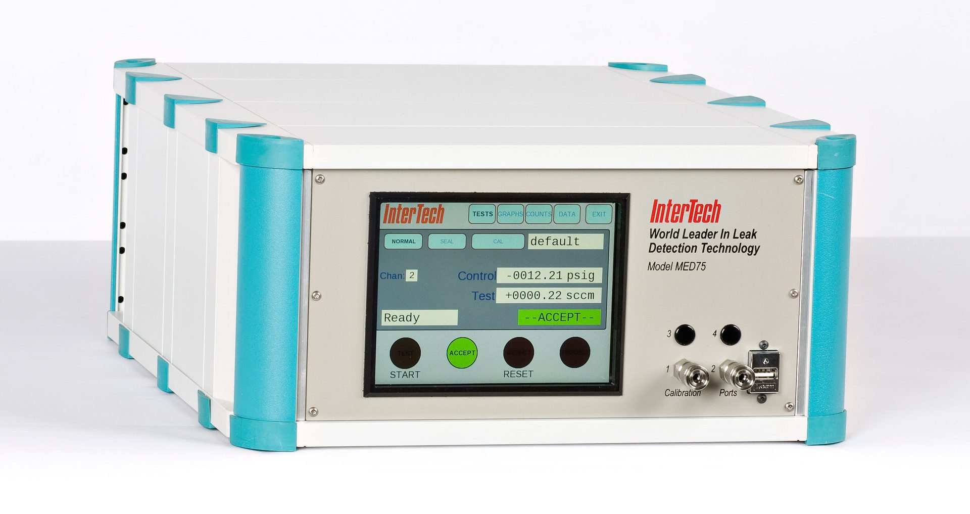 InterTech Model MED75 leak detection system, white and teal, with a screen, buttons, and ports.