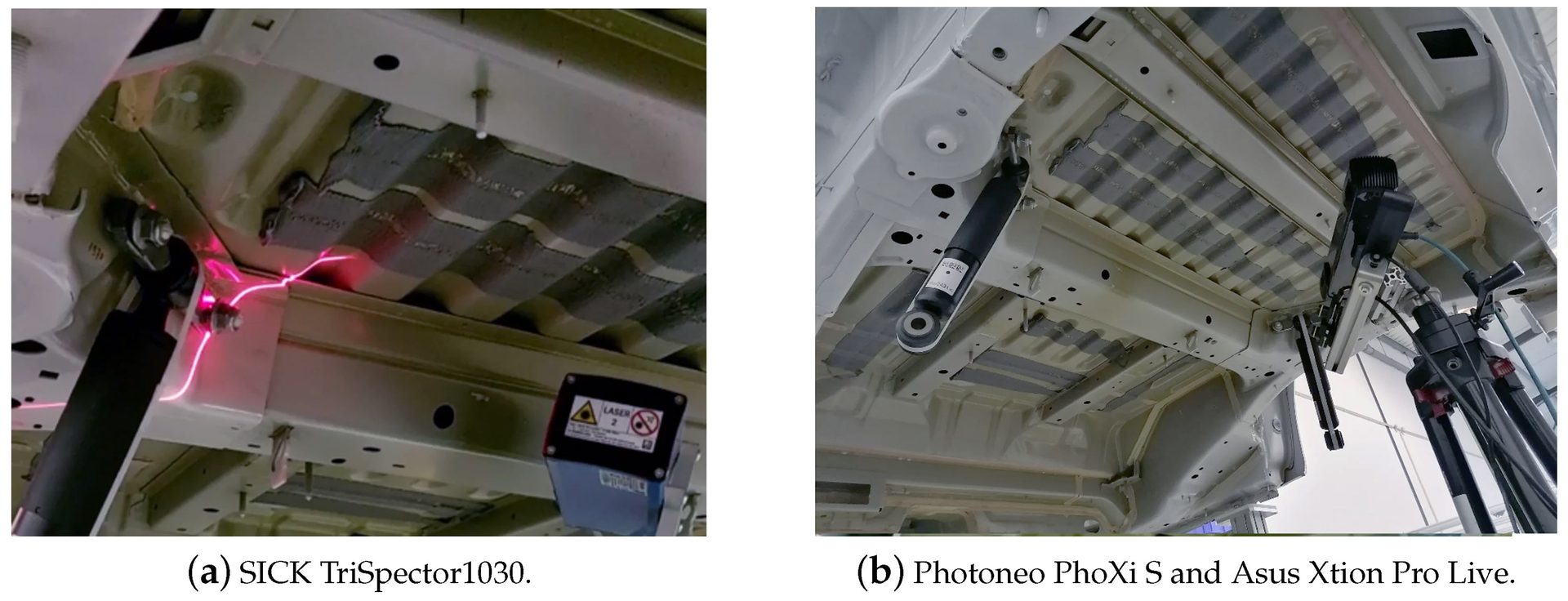 Vehicle undercarriage scanned by SICK TriSpector1030 (laser) and Photoneo PhoXi S / Asus Xtion Pro Live sensors.