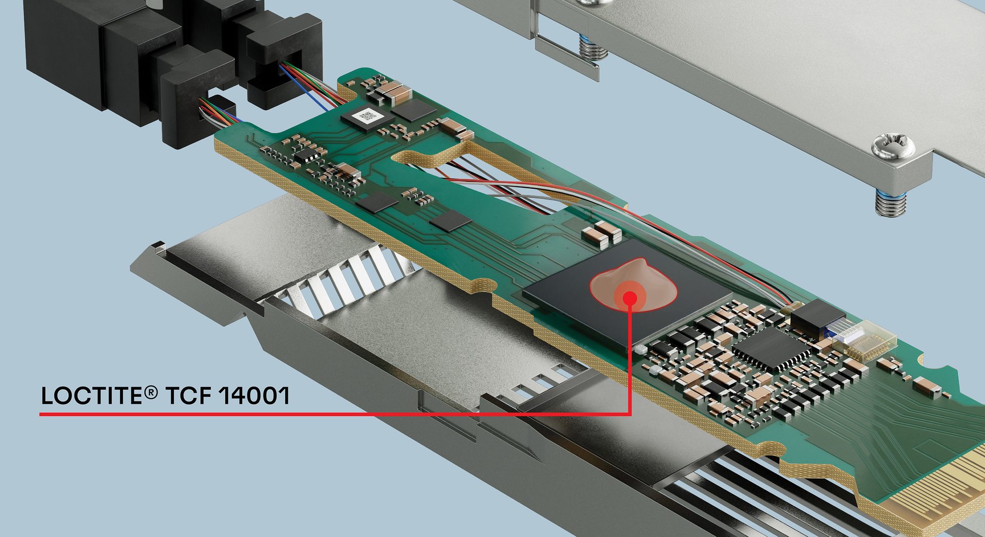 Exploded view of a circuit board assembly with Loctite TCF 14001 thermal material applied to a chip.