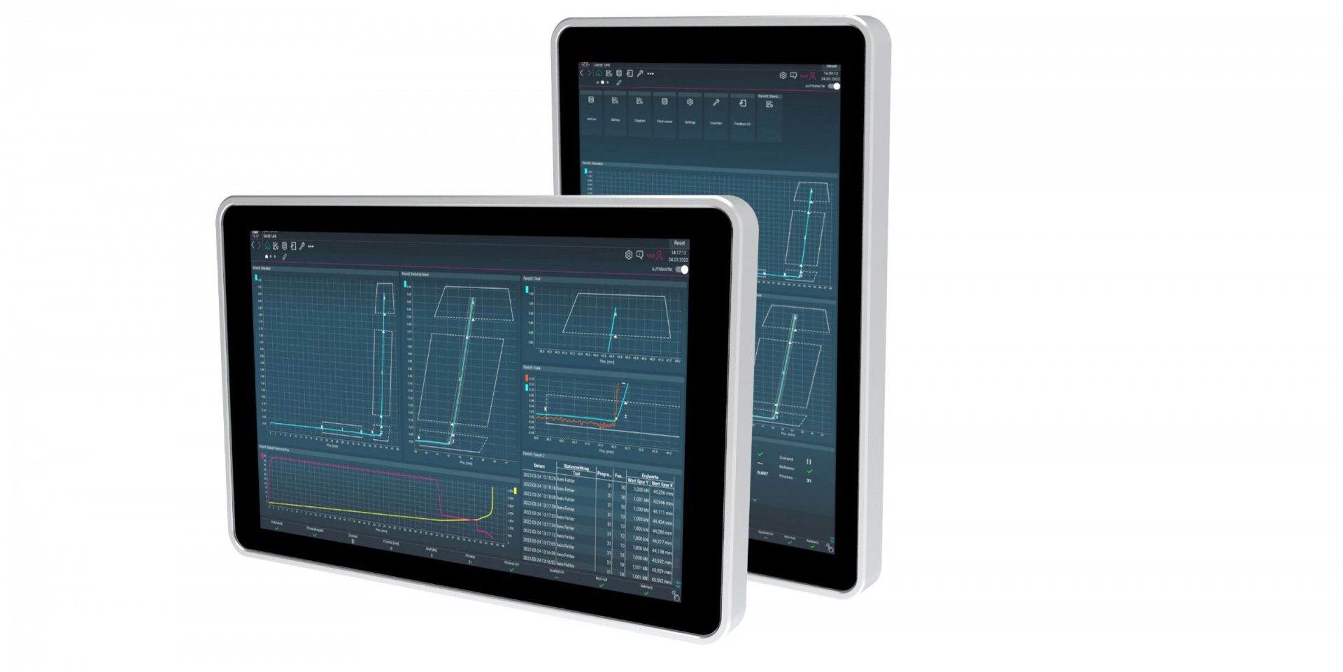 Two industrial touchscreen displays with data visualizations, graphs, and tables.
