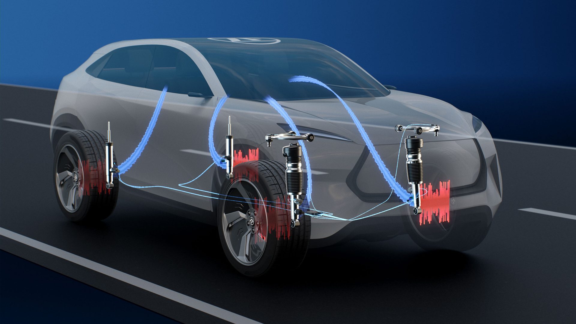 Transparent car showcasing its active suspension system with blue connecting lines and red data.