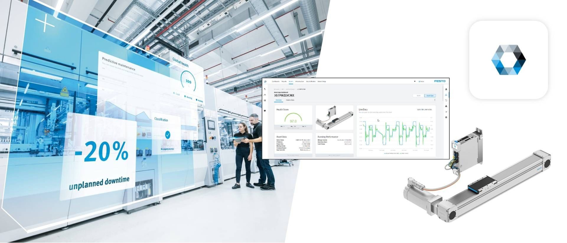 Industrial predictive maintenance, showing 20% reduced unplanned downtime, factory workers, and data dashboards.