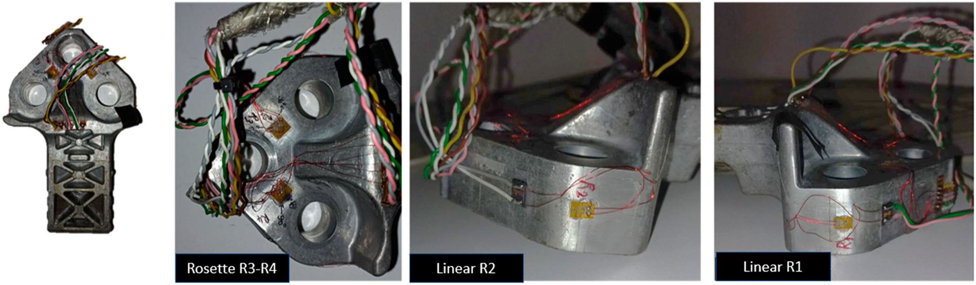 A metal component with strain gauges and wiring, shown from multiple angles for detailed inspection.