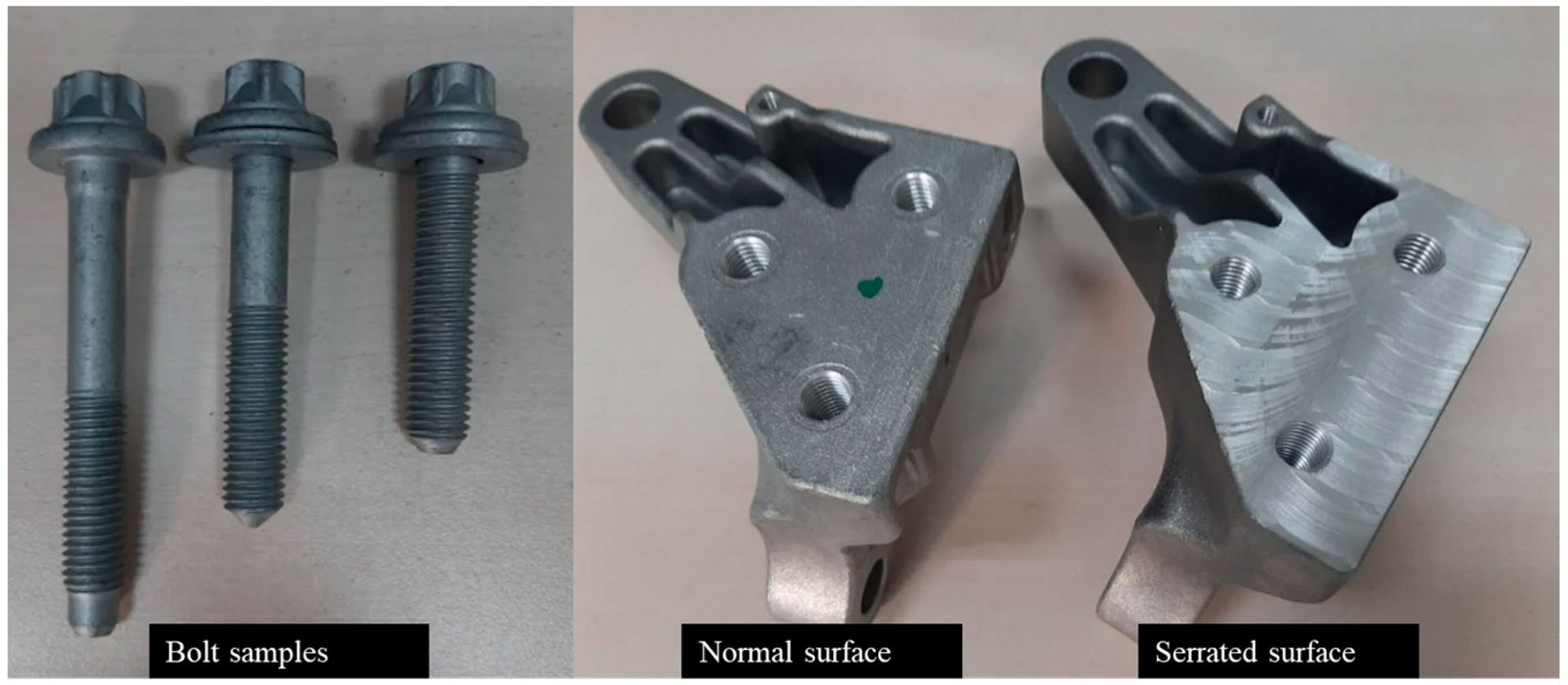 Three bolt samples are shown alongside metal components with normal and serrated surfaces.
