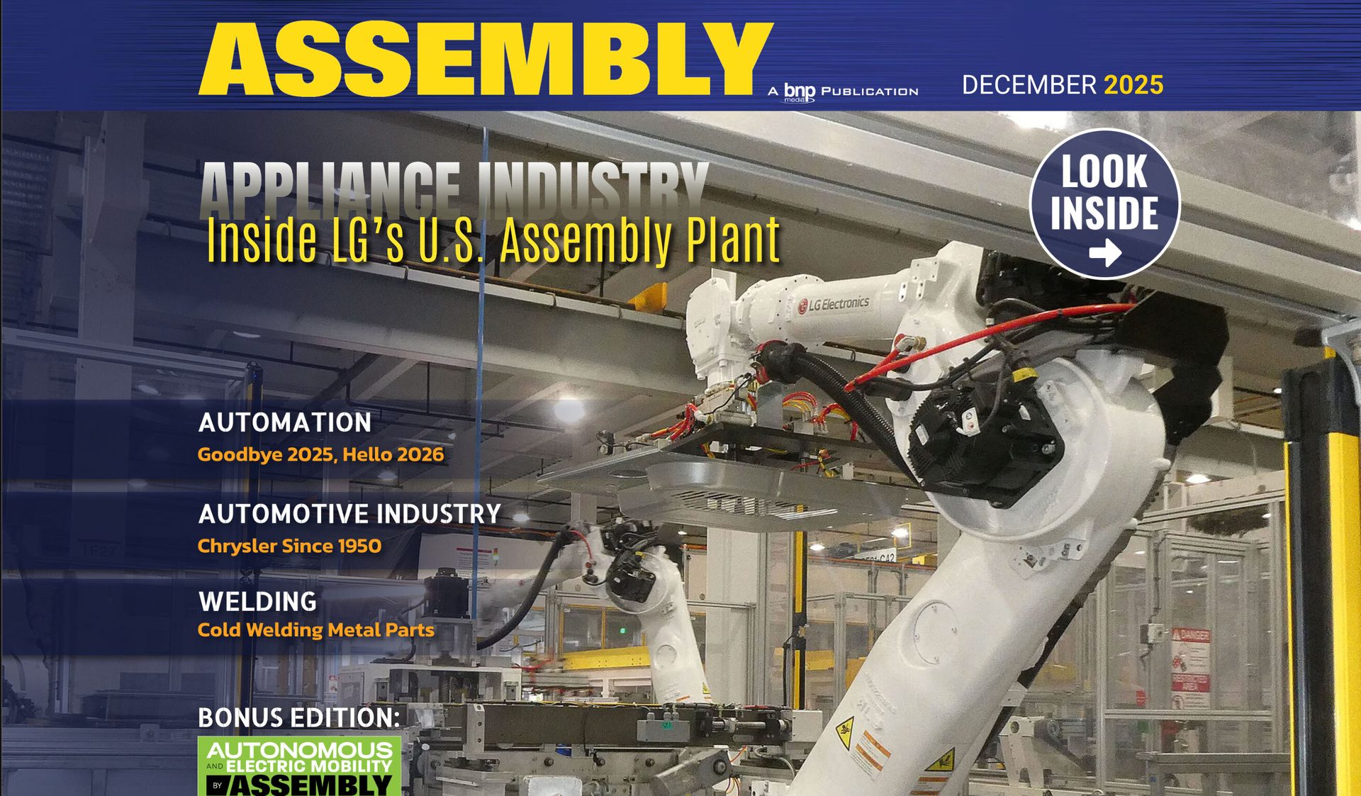 ASSEMBLY magazine cover, Dec 2025. Industrial robots inside LG's U.S. Assembly Plant.