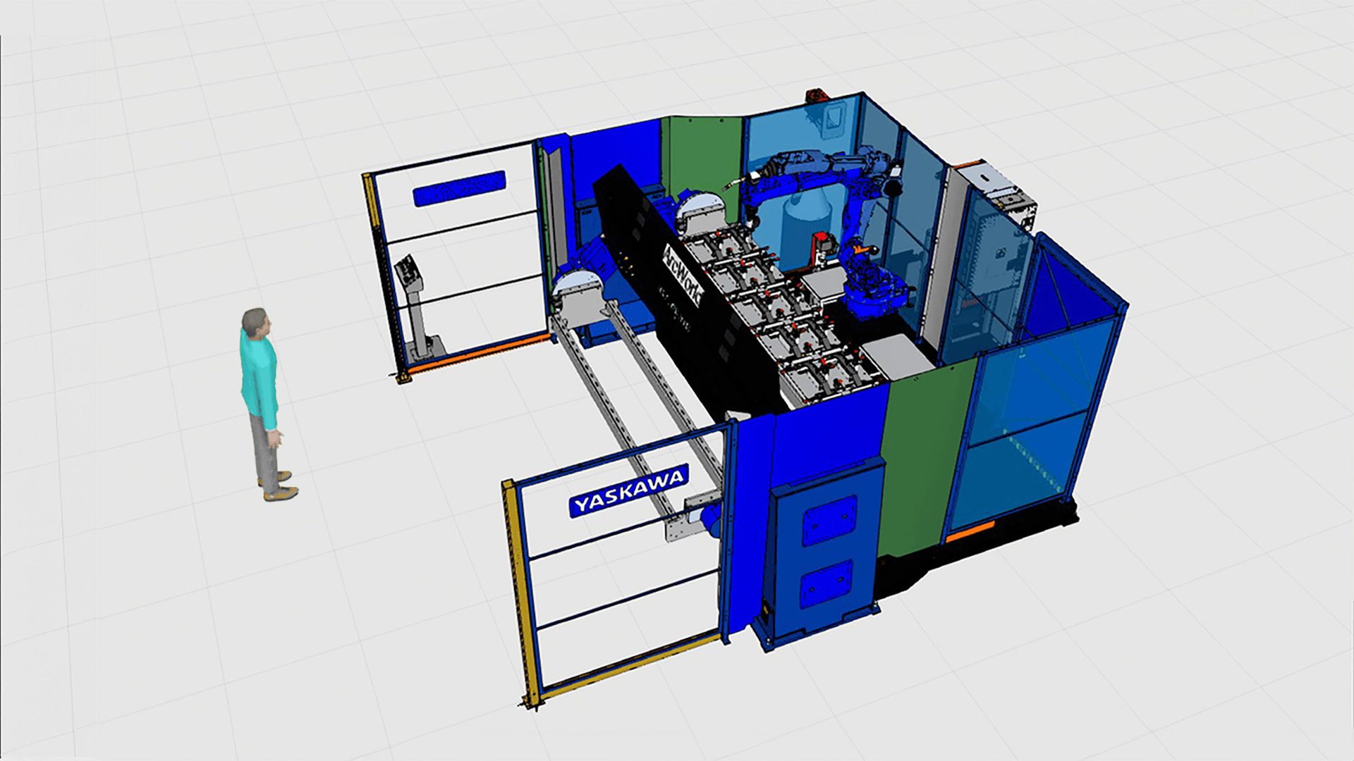 3D render of a Yaskawa robotic welding cell with a human figure nearby.
