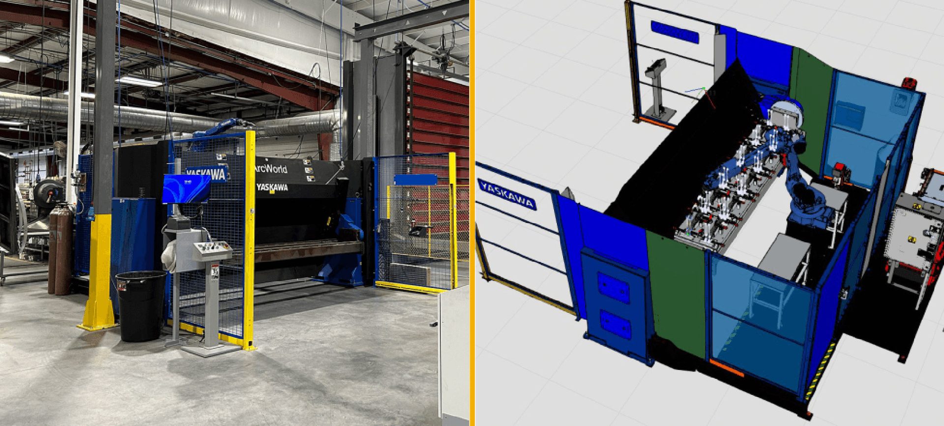Yaskawa ArcWorld robotic cell: real photo and 3D CAD model comparison.