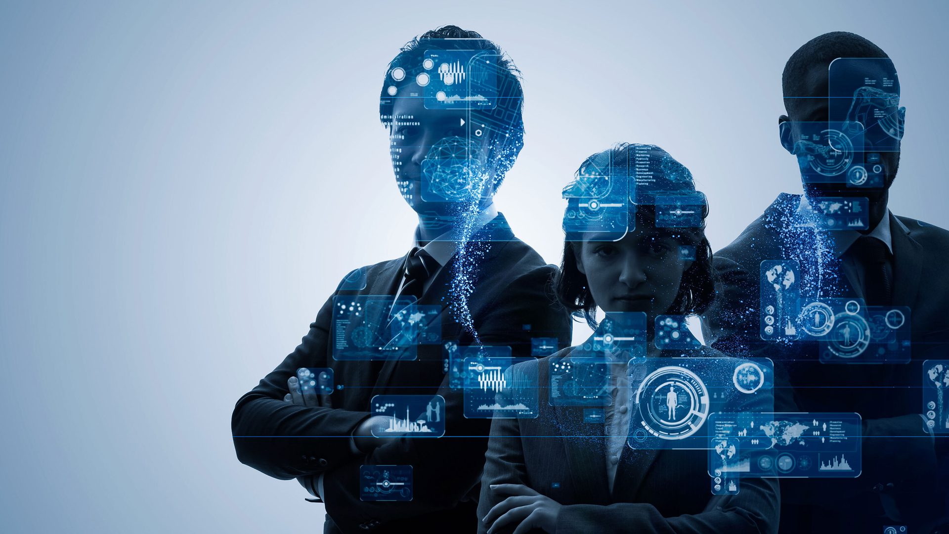 Three individuals in silhouette with futuristic digital data and UI elements, symbolizing technology or AI.