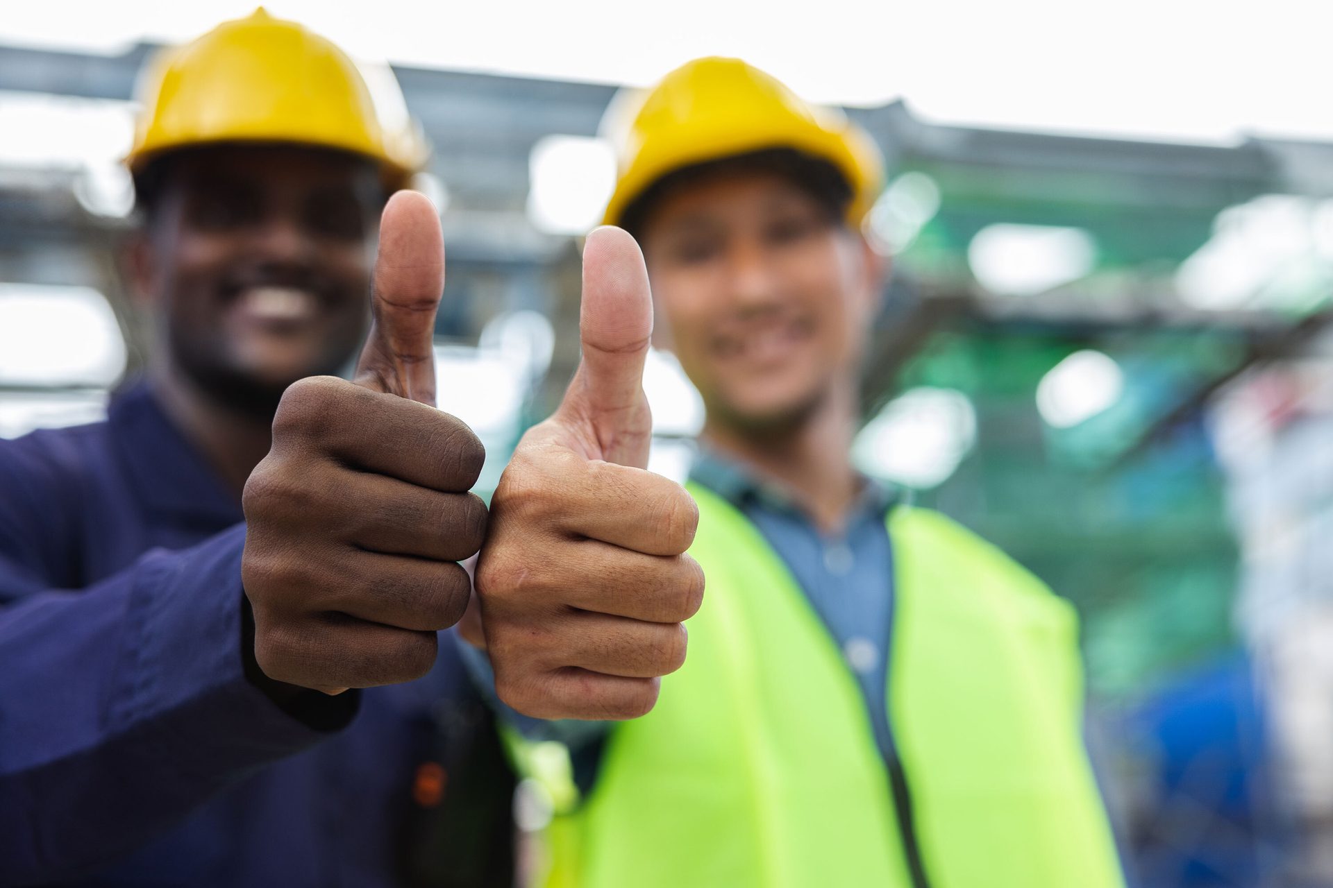 Hard hat, Smile, Workwear, Cap, Yellow, Gesture, Headgear, Engineer, Helmet