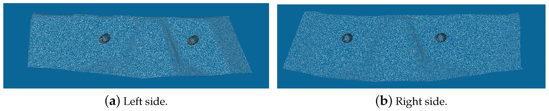 Two views of 3D point cloud models, each featuring two holes and a diagonal groove.