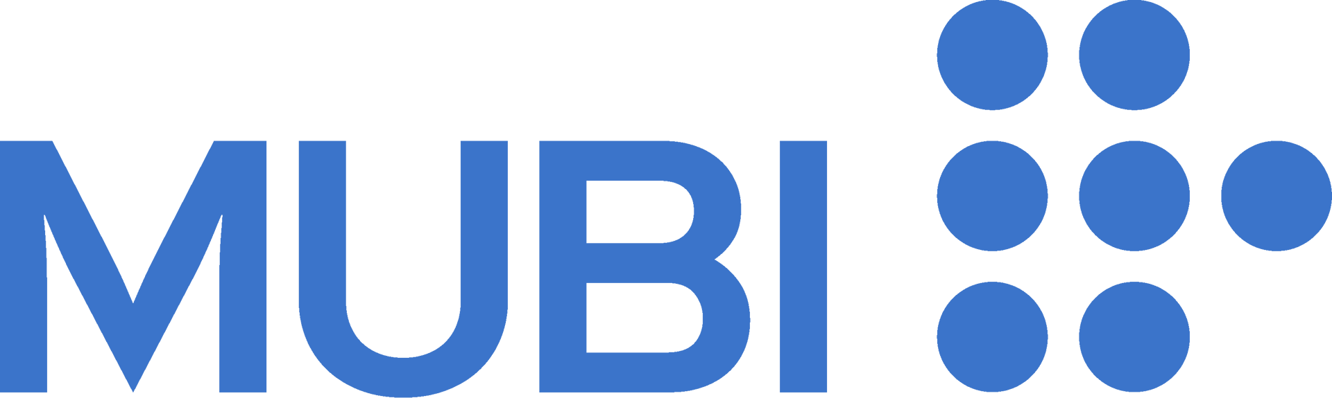 Blue MUBI logo with the word "MUBI" and eight blue circles on a dark green background.