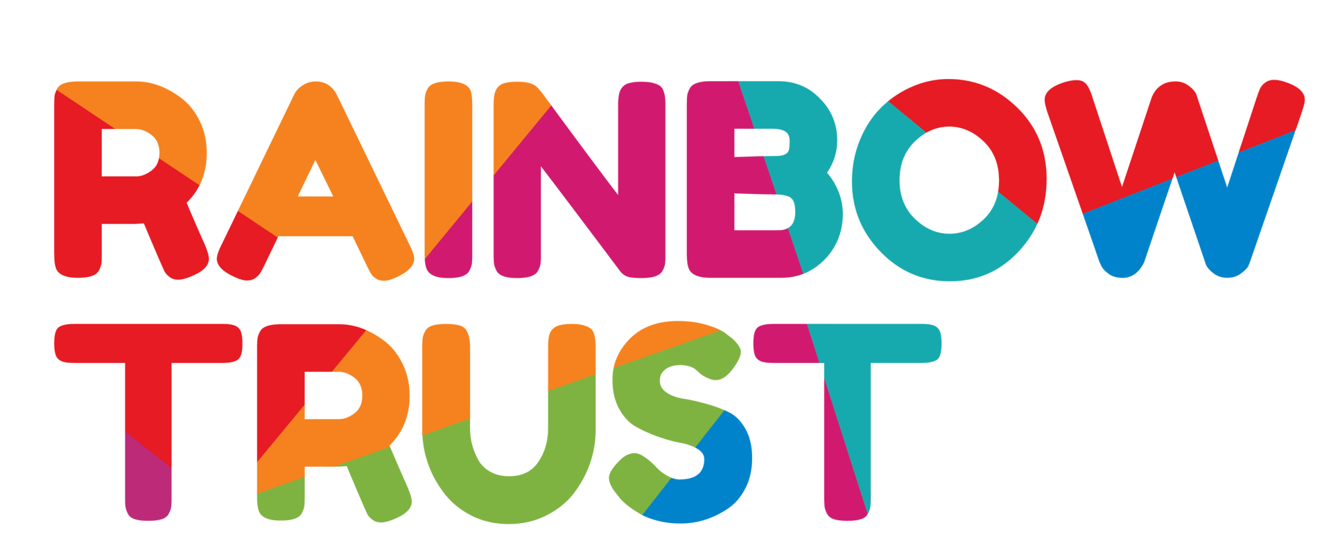Rainbow Trust logo with colorful, segmented letters on a dark green background.