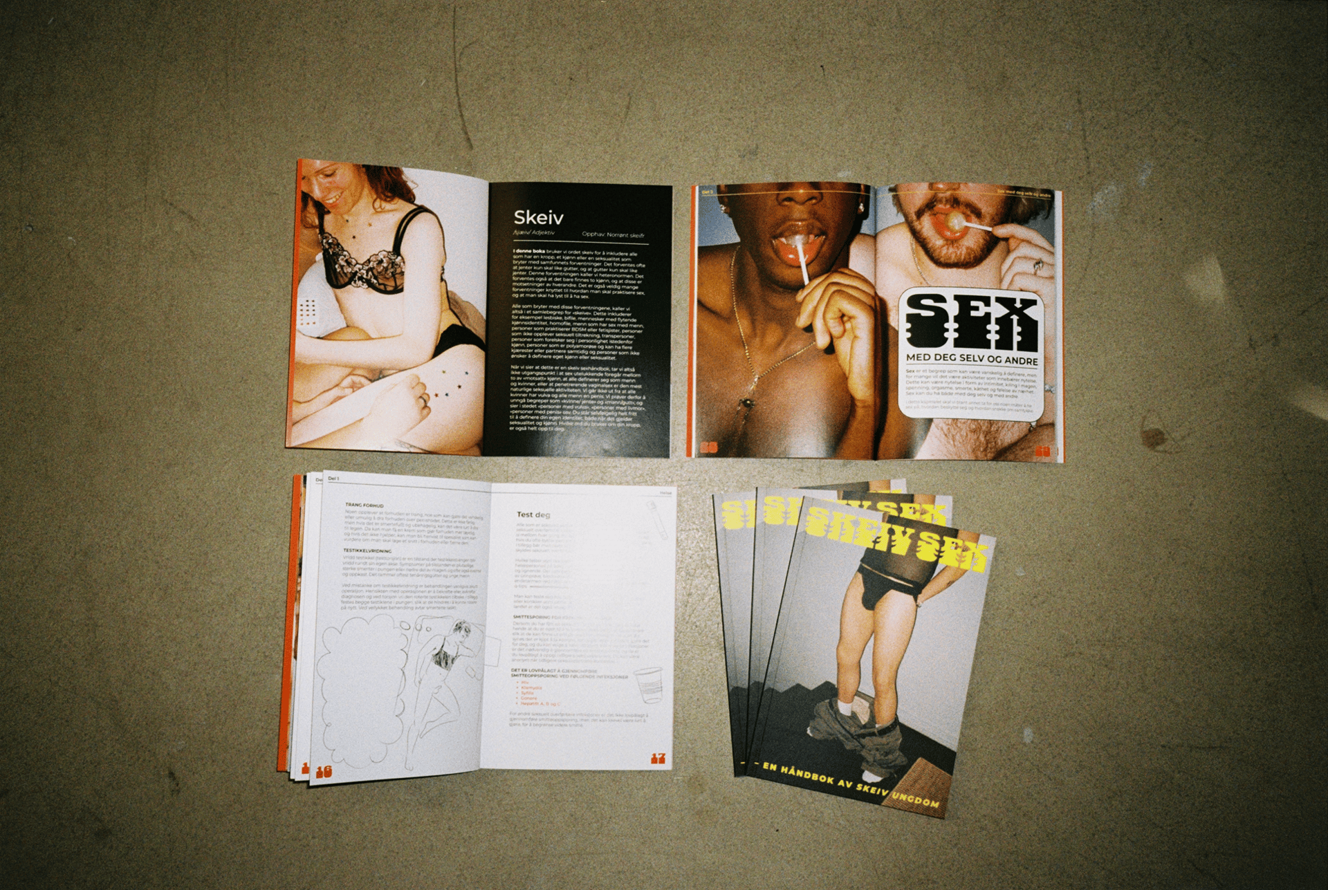 Flat lay of open books and pamphlets on queer sexuality, with text, photos of people, and illustrations.