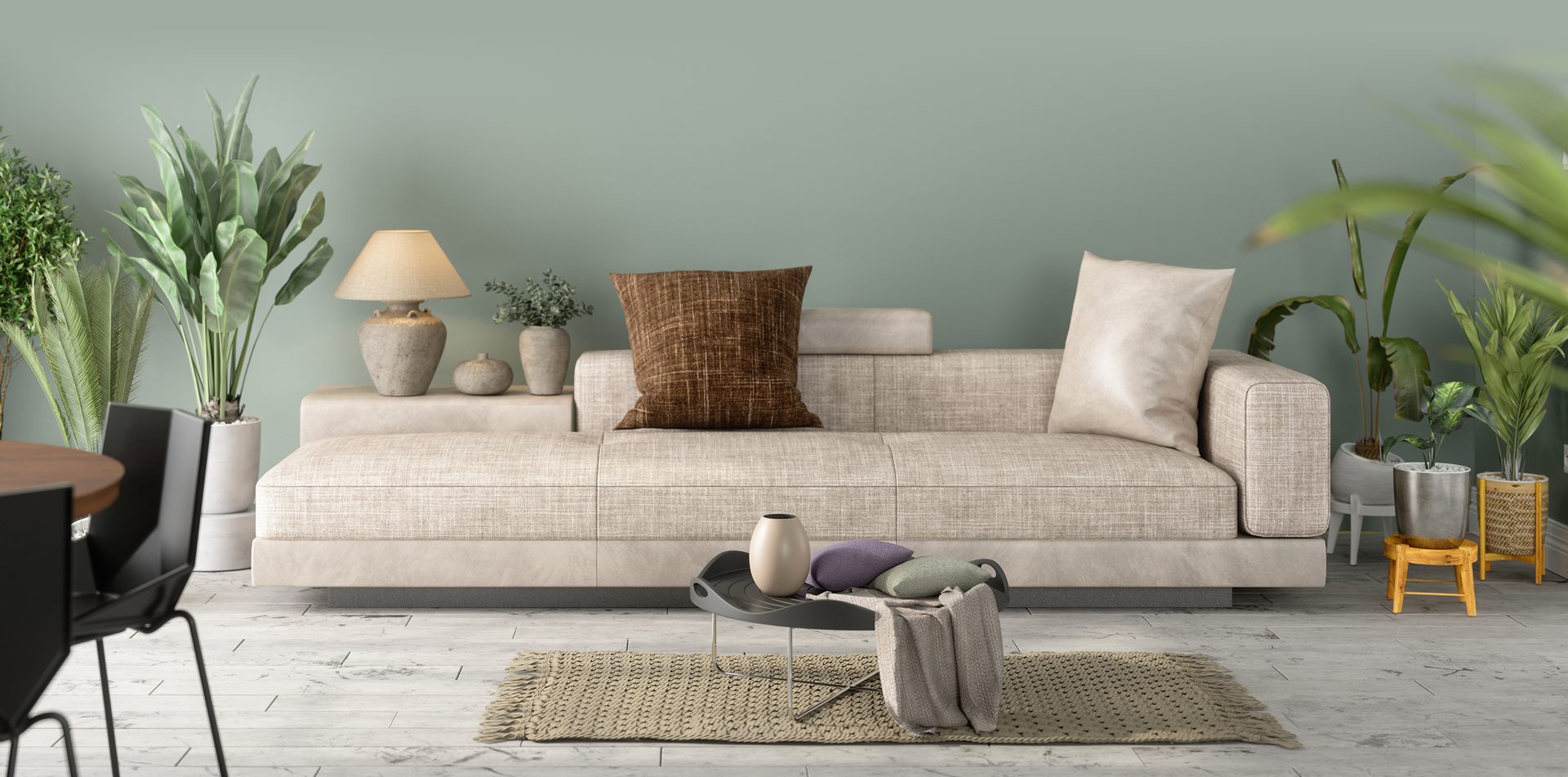Modern living room interior with green plants, sofa and green wall