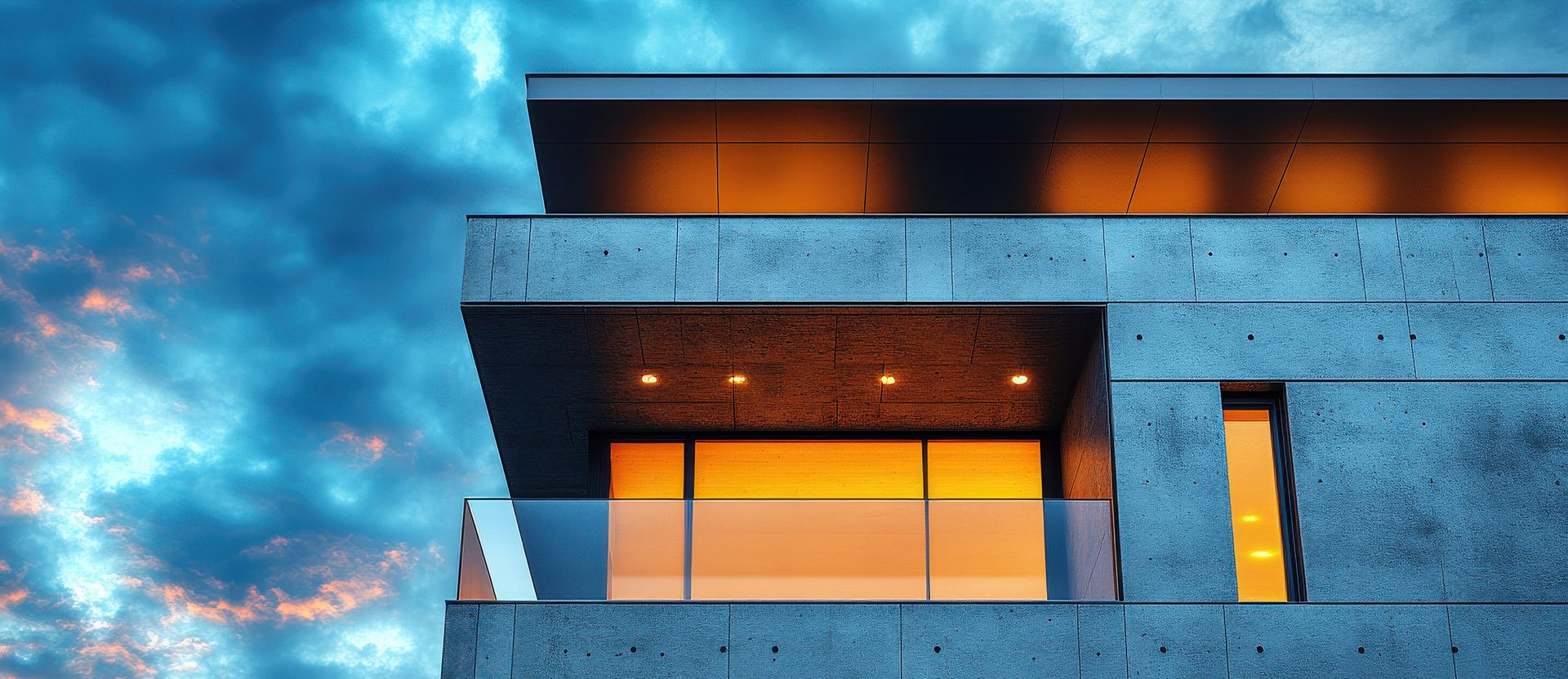 Modern concrete building with glowing orange interiors and balconies under a dramatic blue and orange twilight sky.
