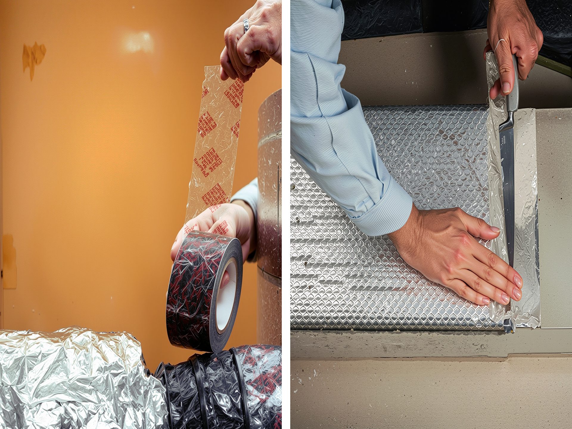 Two panels show hands working with insulation and tape; left, peeling tape; right, cutting insulation.