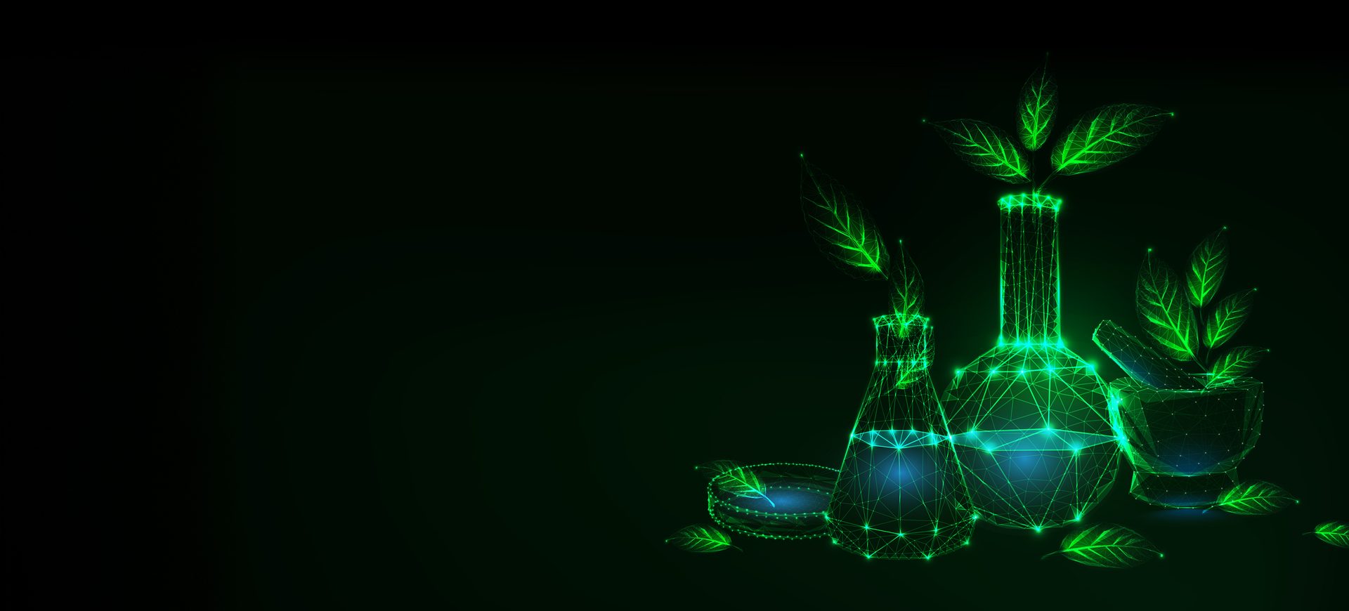 Futuristic eco friendly green technology concept with science laboratory glassware and green leaves