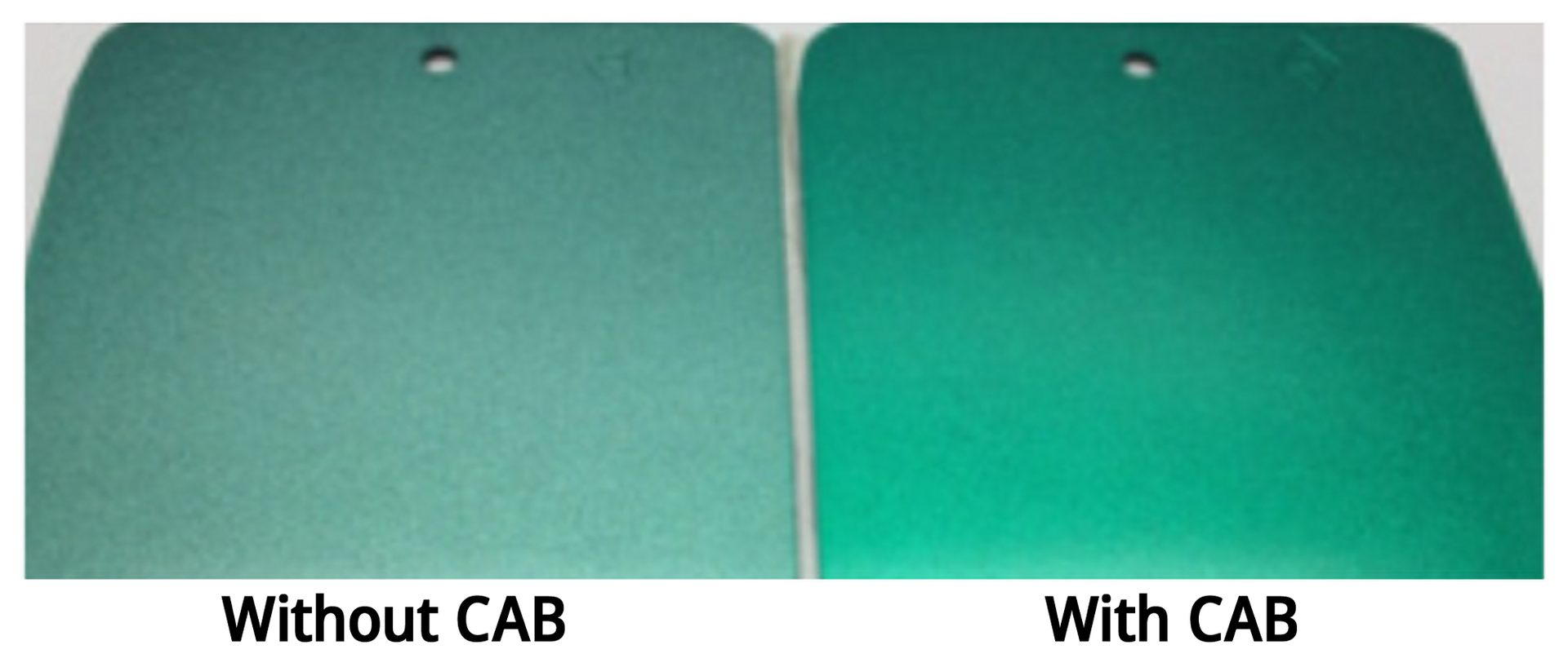 Test panels coated with a metallic-green basecoat and a topcoat with and without CAB.