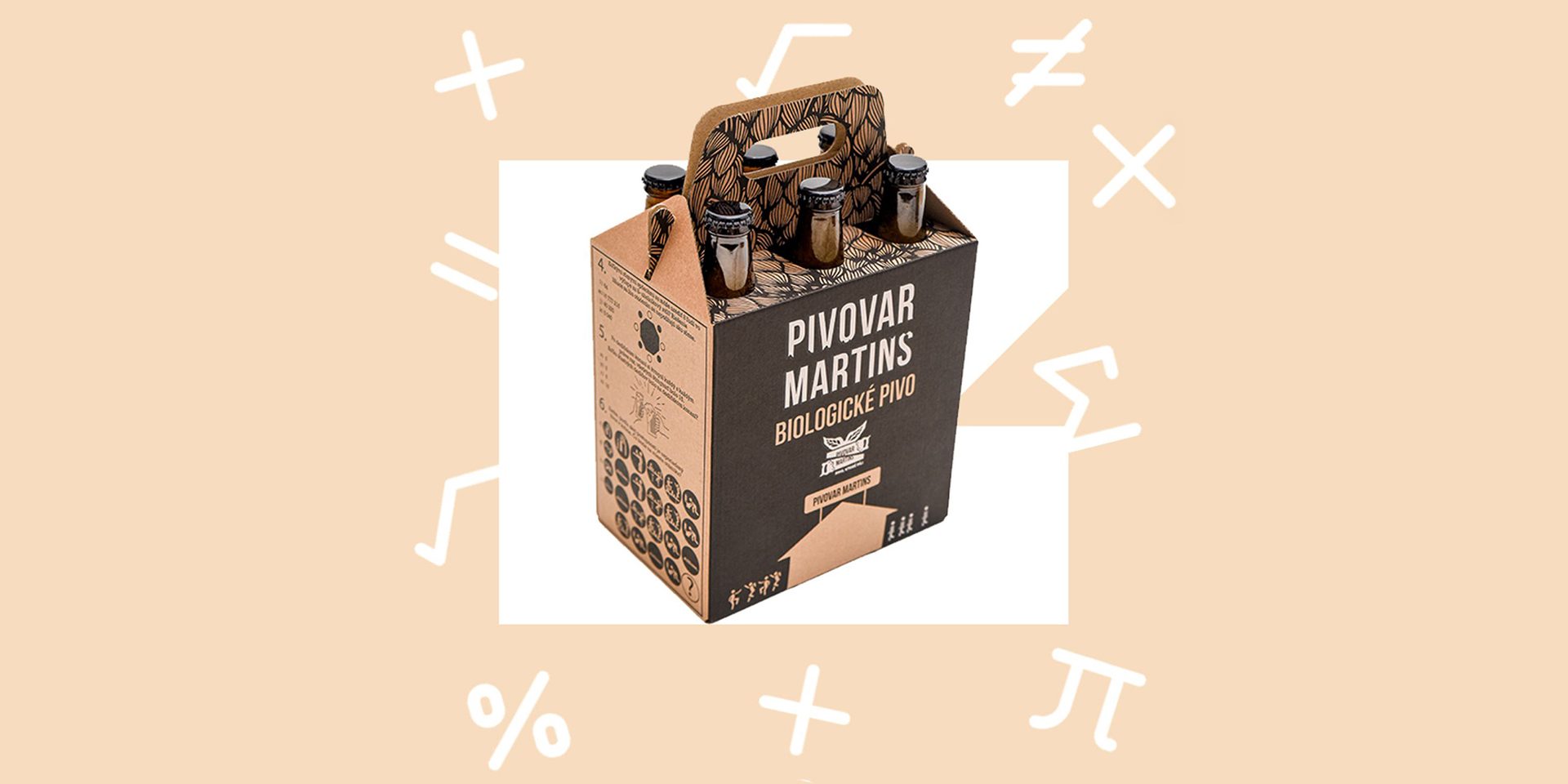 6 pack of Martins beer with mathematical symbols in the background