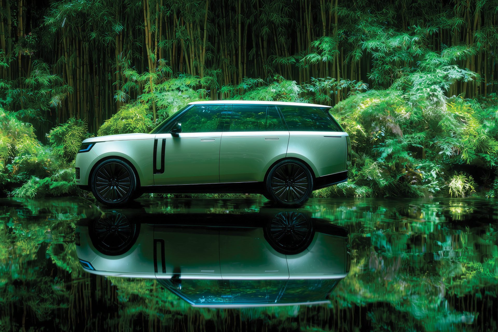 Light-colored SUV reflecting in water, surrounded by vibrant green bamboo and lush foliage.