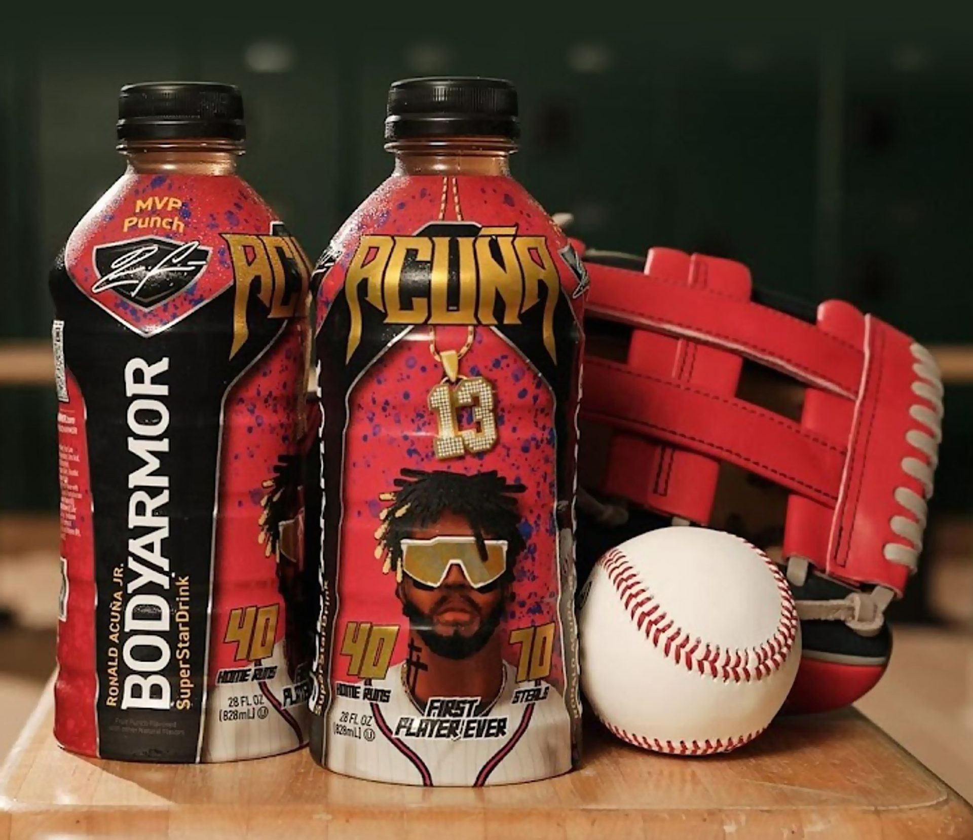 BODYARMOR bottles featuring Ronald Acuña Jr. next to baseball and glove