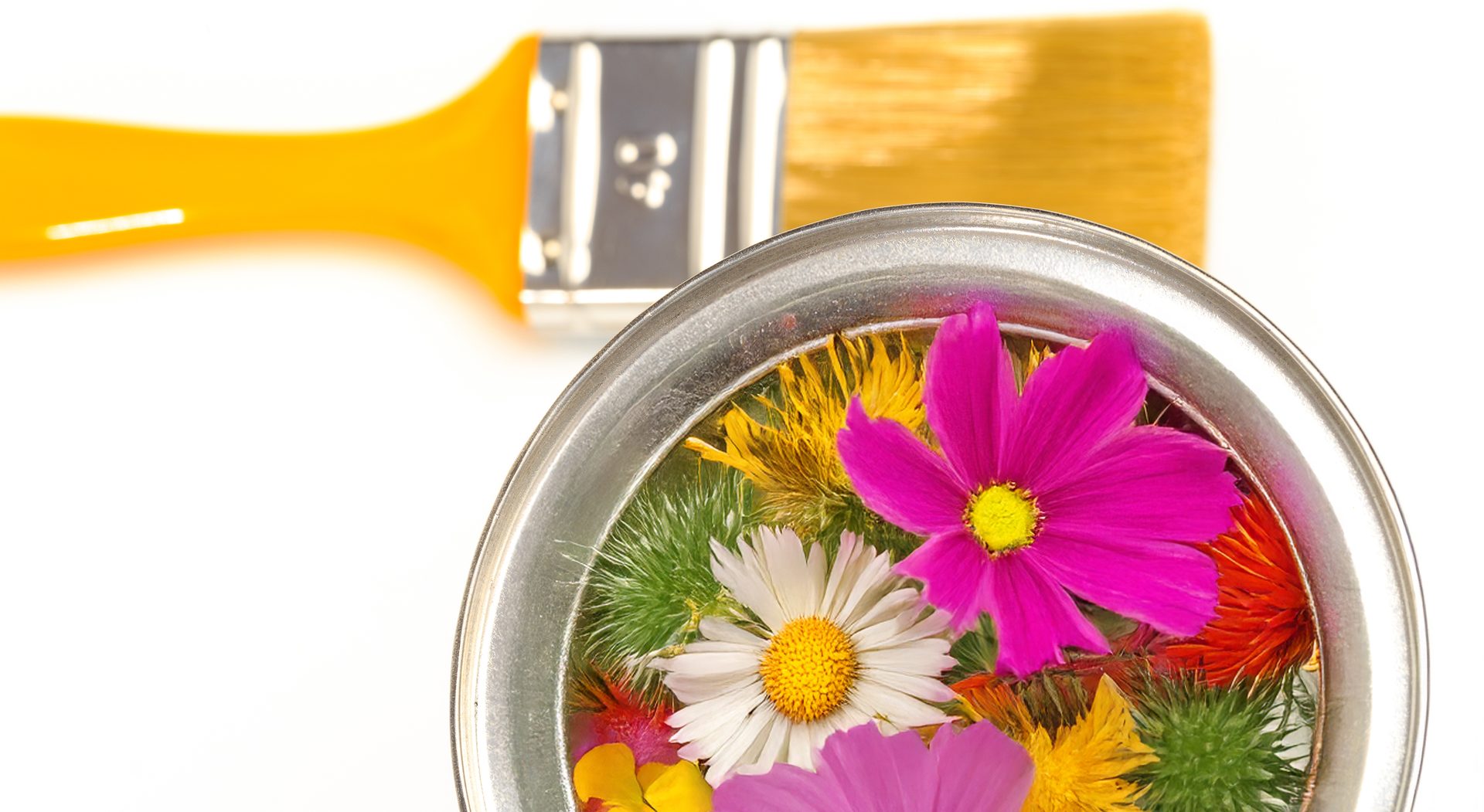 Paint brush and open paint can overlayed with flowers