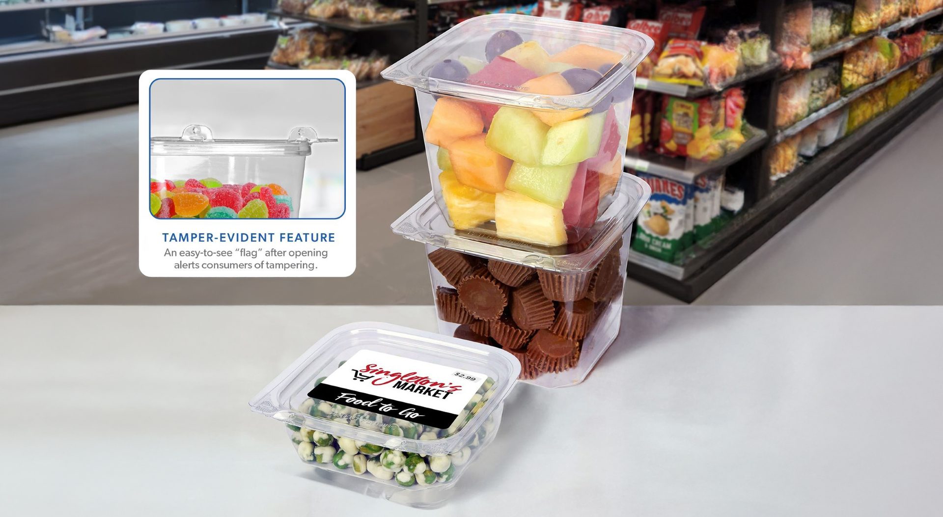 Three TamperFlag containers containing various foods, with a zoomed in label in top left