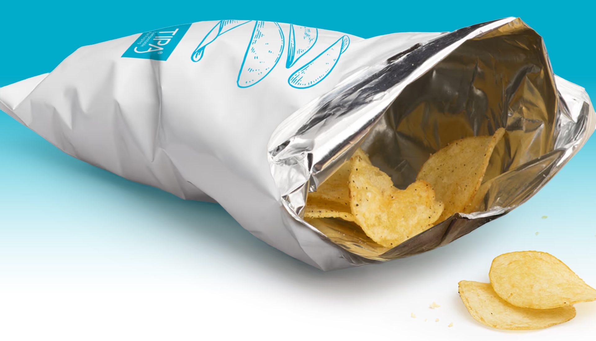 Potato chips in an opened TIPA package against a gradient teal background