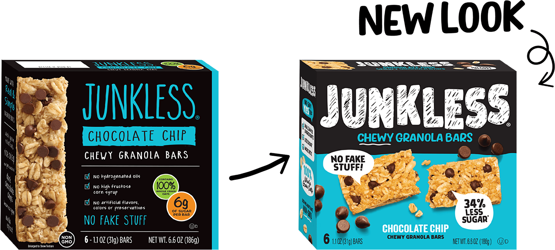 JUNKLESS packaging before (left) and after (right) redesign
