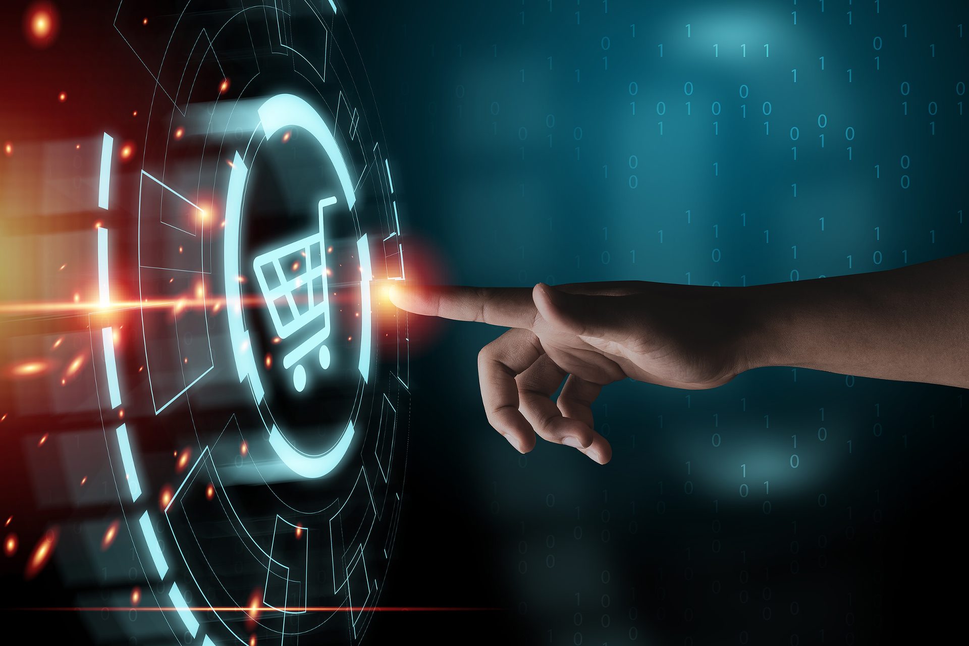 Hand touching to screen with shopping cart icons and technology background