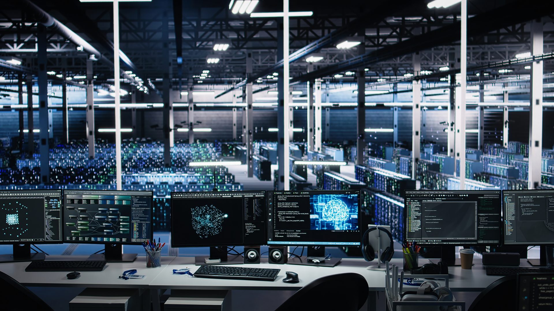  Data center computer systems on desk controlling network resources through AI