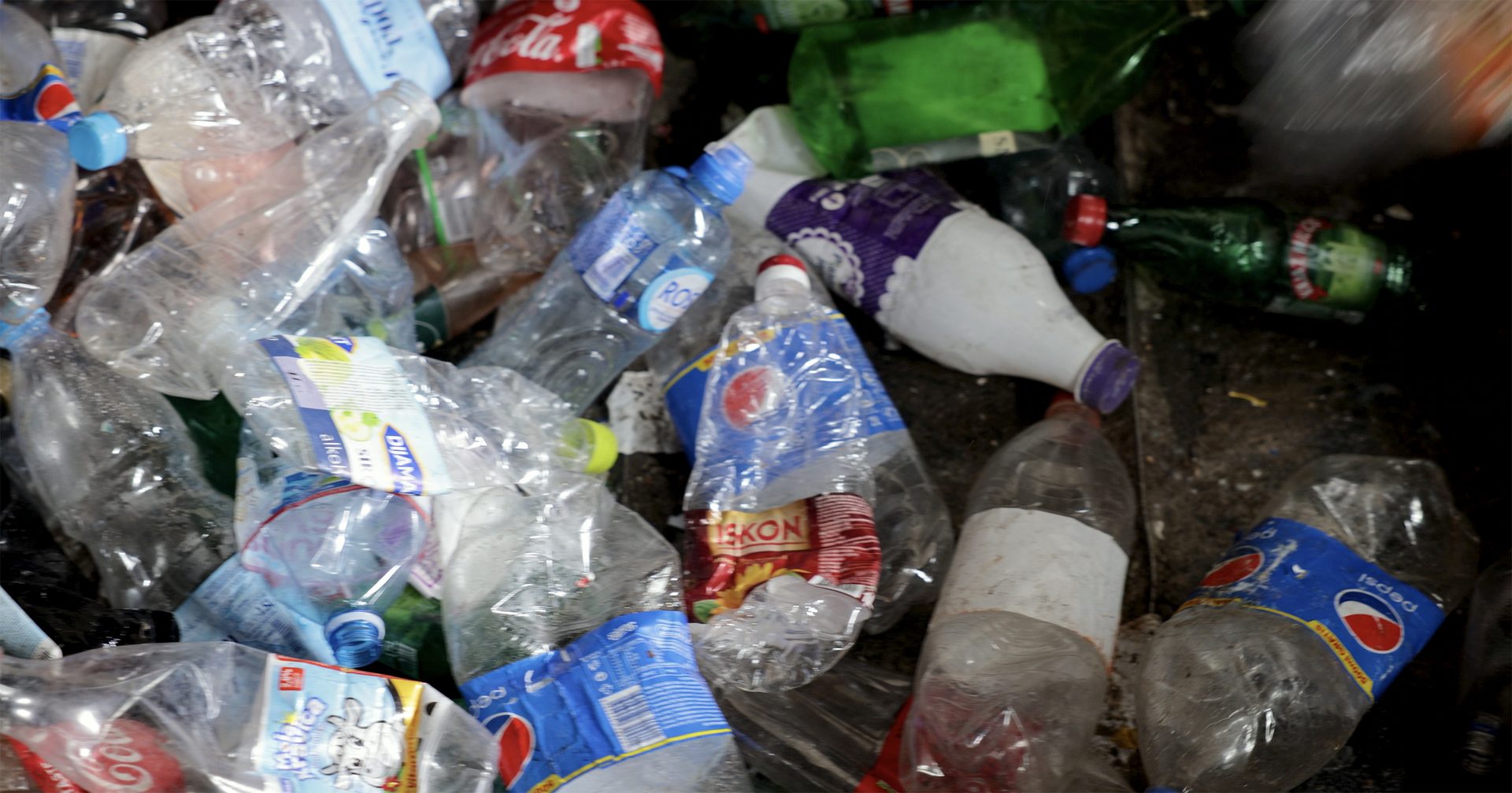 Plastic bottles fall on conveyor belt for recycling process
