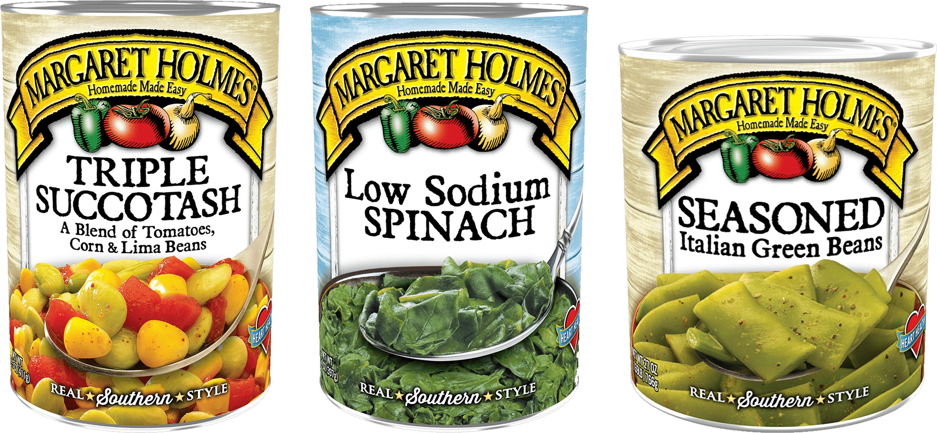 Examples of McCall Farms canned vegetables, including canned green beans, canned spinach, and canned succotash