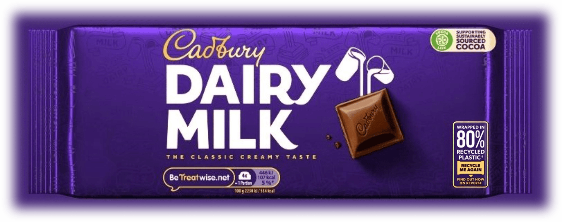 Cadbury Dairy Milk wrapper against purple background