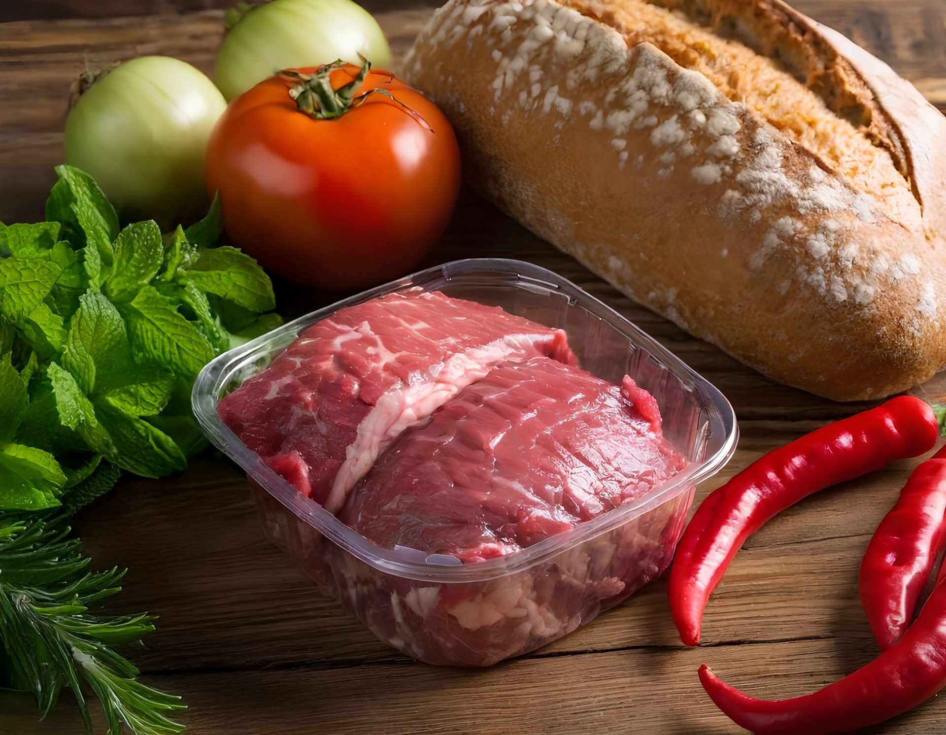 packaged meat on counter with bright vegetables and bread