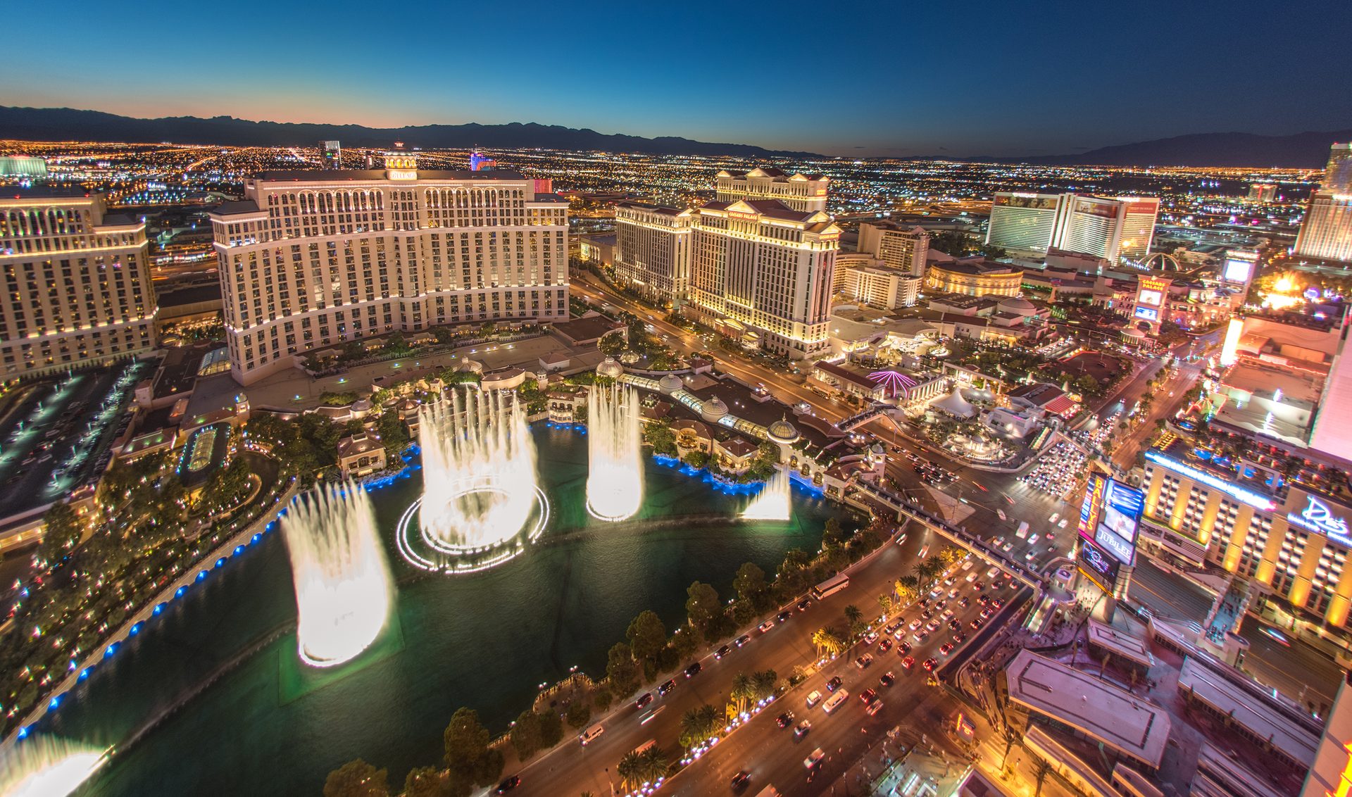 Wide-angle shot of the Las Vegas Strip at sunset