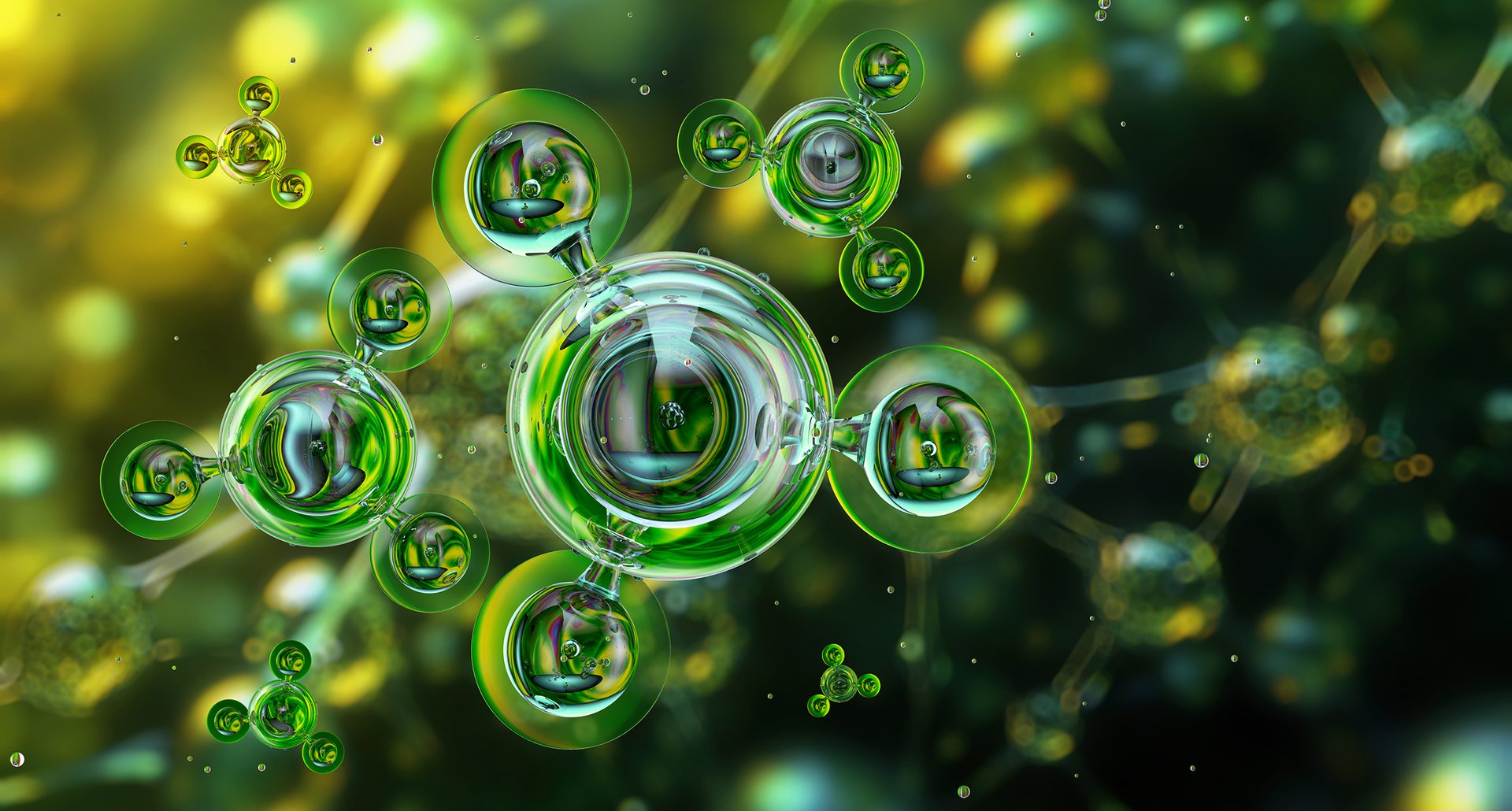 Clean energy, eco-friendly, sustainable solutions in industry. 3D green molecular illustration
