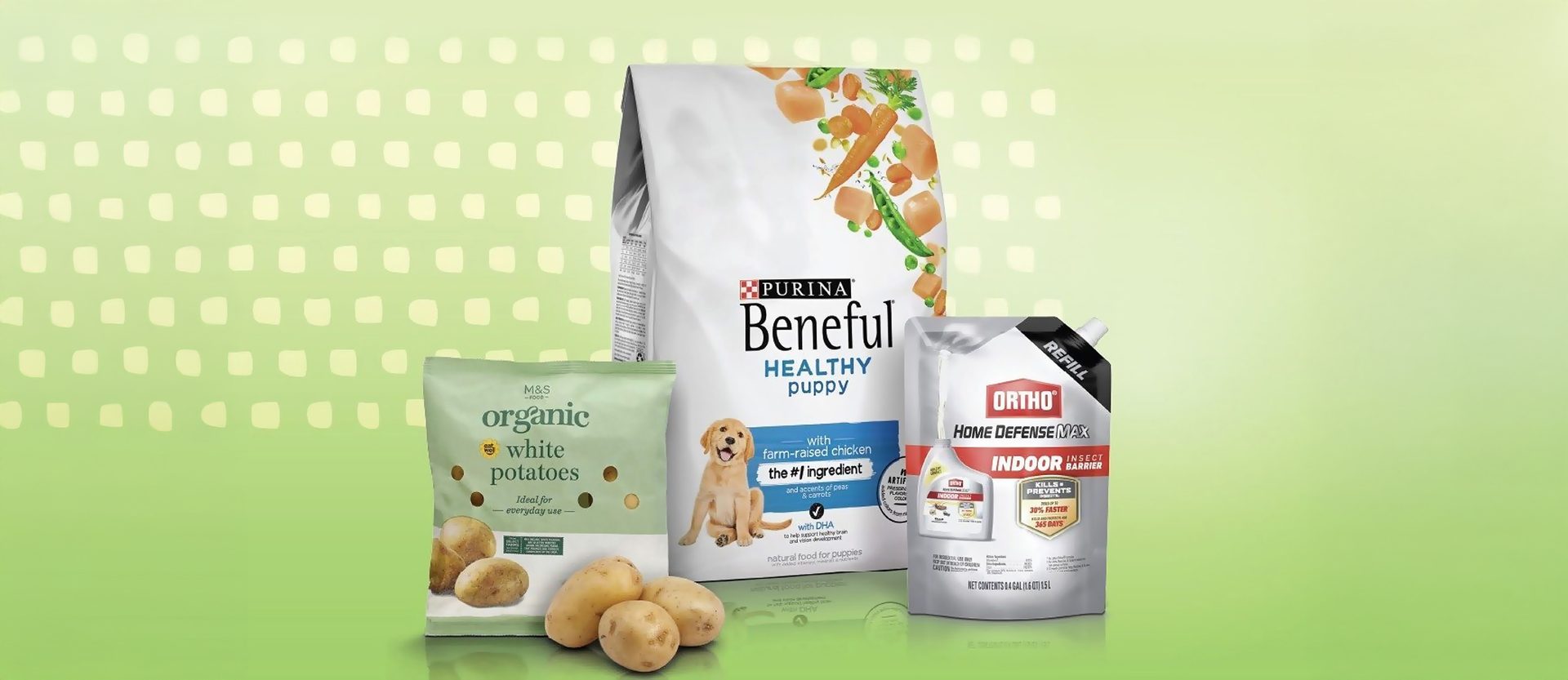 From left: M&S Potato packaging bag, Purina pet food packaging bag, Ortho insect control bag 