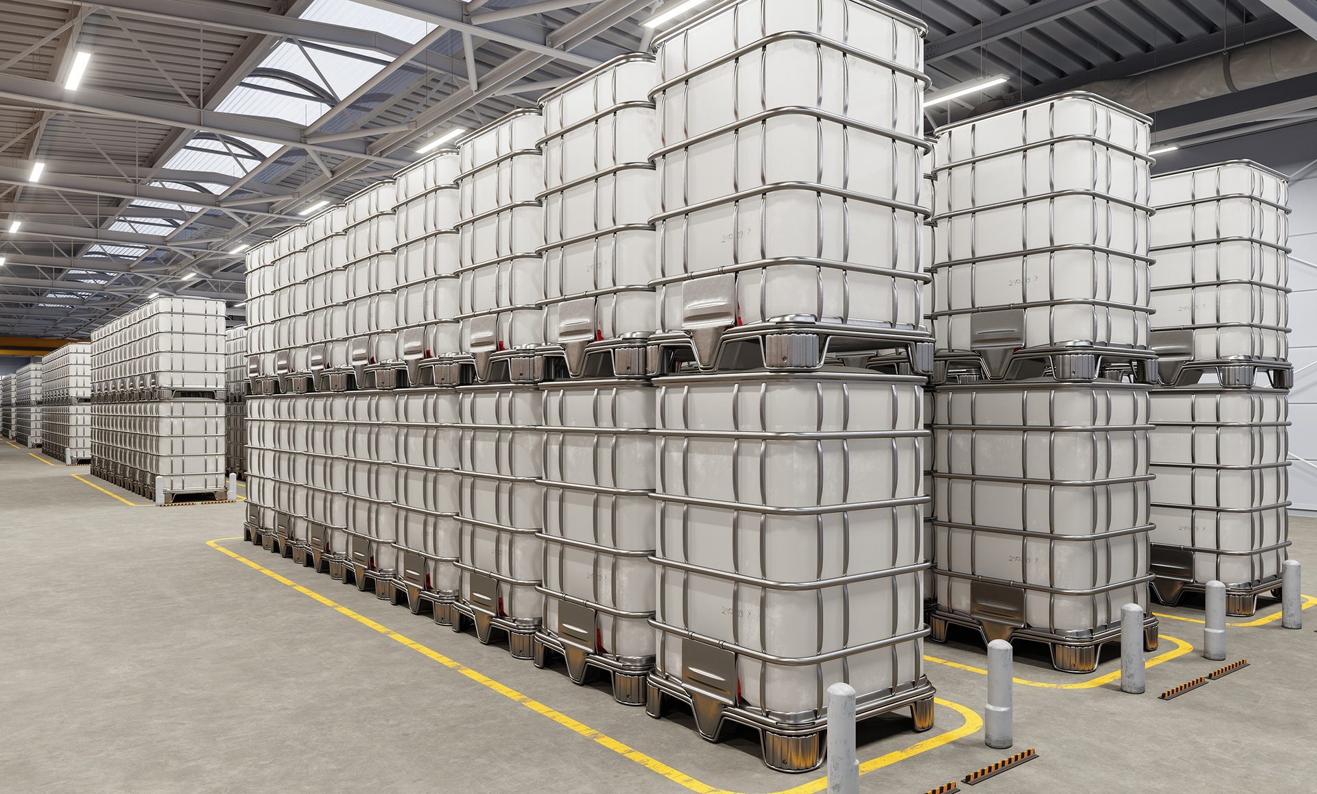 Close-up of IBC totes in a warehouse