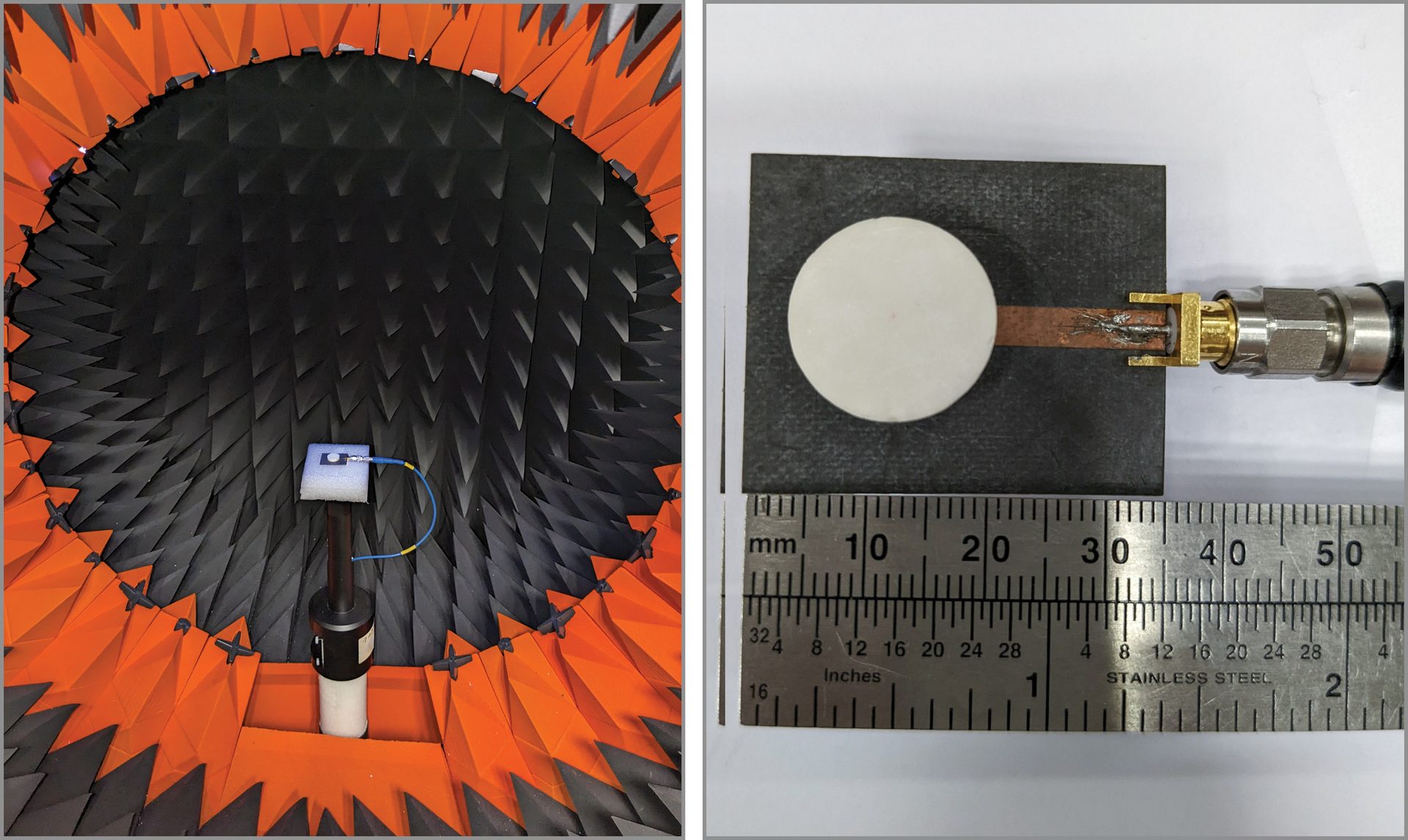 Dielectric resonator antenna in an anechoic chamber (left);  ceramic dielectric resonator on antenna substrate (right)